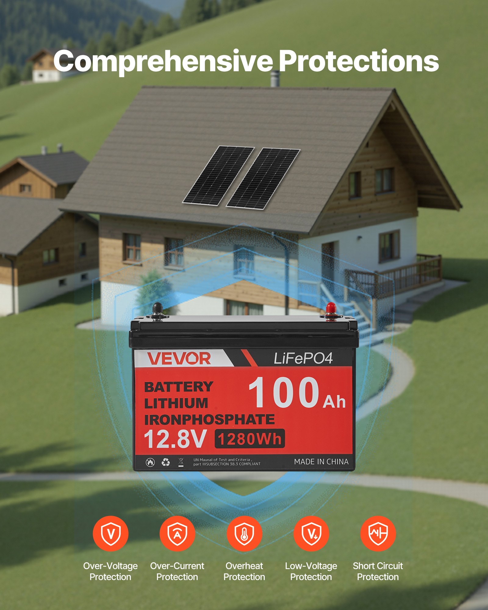 VEVOR Kit Completo de Energía Solar de 12 V con 2 Paneles Solares de 200 W, Monocristalinos, Inversor de 1000 W, Batería LiFePO₄ de 12,8 V, 100 Ah, 1280 Wh para Casas, Granjas, Cabañas, Cobertizos, RV