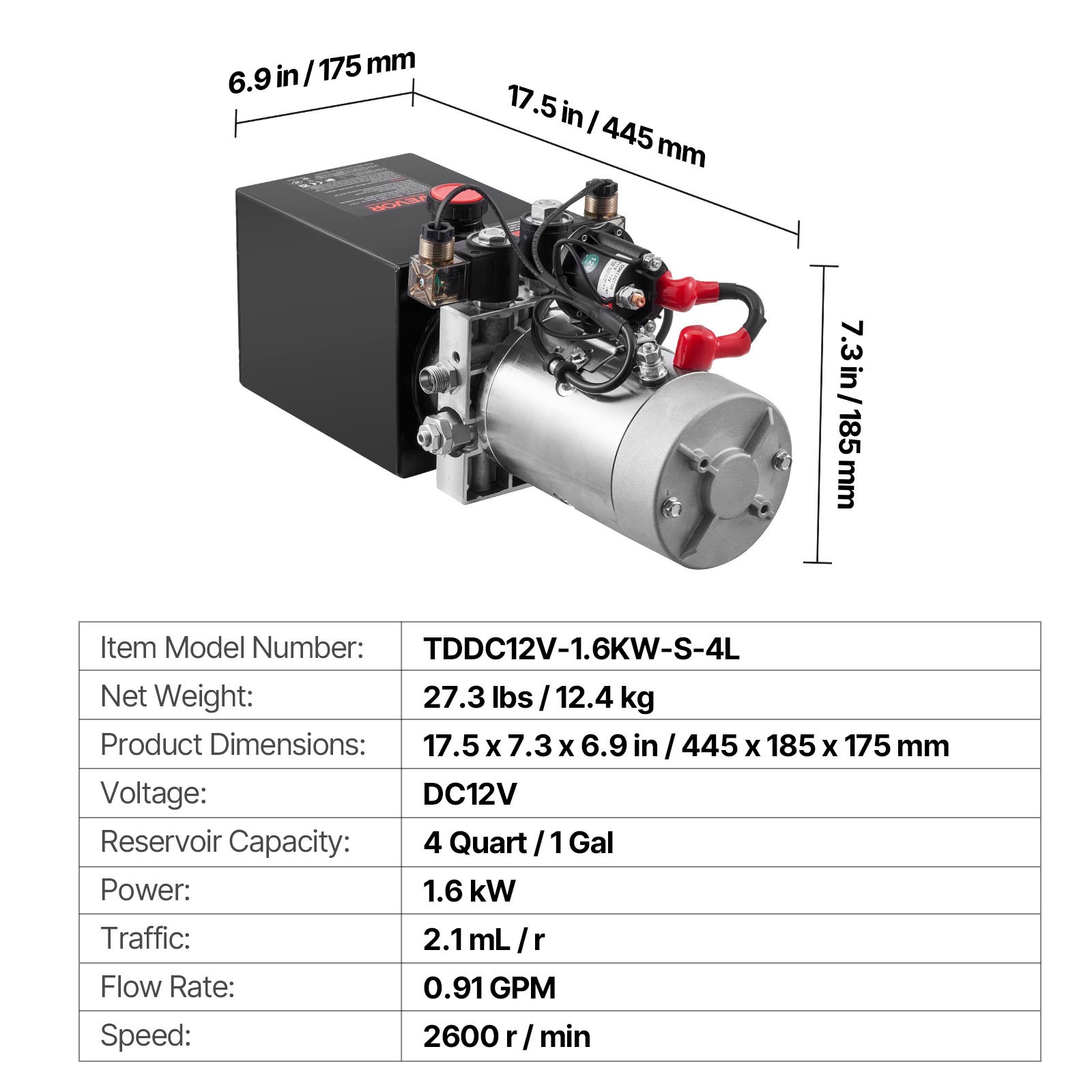 VEVOR Bomba Hidráulica de Efecto Doble 4 Cuartos 12 V CC, Bomba del Remolque Volquete Caudal de 3,4 L/min, con Depósito Metálico para Elevación de Vehículos, Elevadores de Tijera, Apiladores