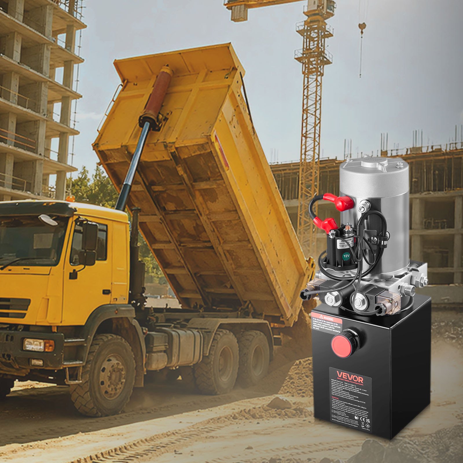 VEVOR Bomba Hidráulica de Efecto Doble 4 Cuartos 12 V CC, Bomba del Remolque Volquete Caudal de 3,4 L/min, con Depósito Metálico para Elevación de Vehículos, Elevadores de Tijera, Apiladores