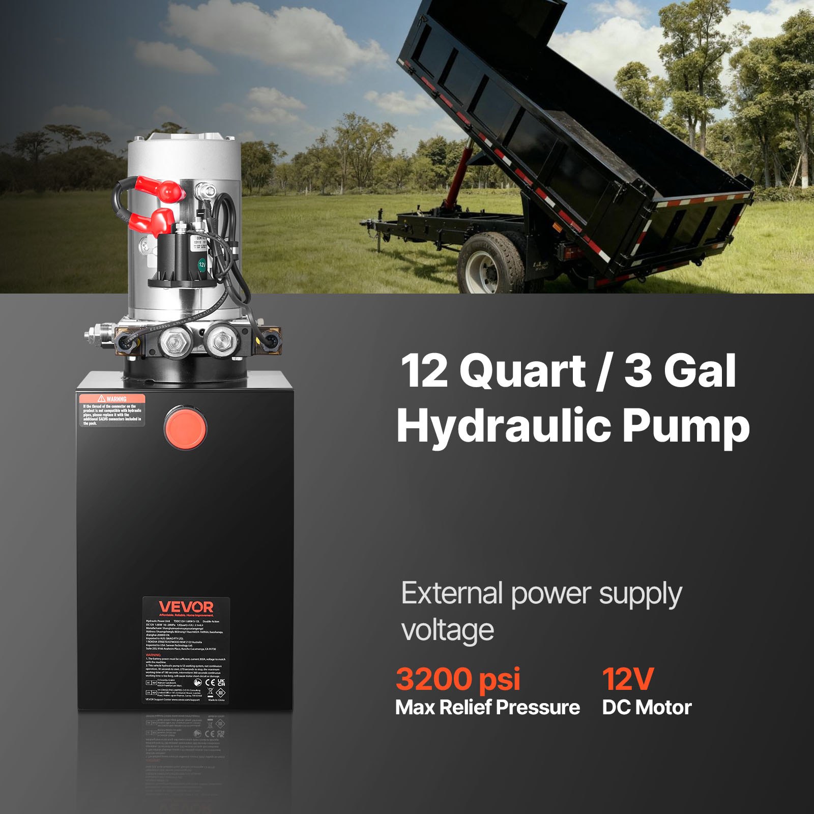 VEVOR 12 L Hydraulic Power Unit, Double Acting Dump Trailer Pump, 22 MPa Max Relief Pressure & 3.4 L/min Flow Rate, DC 12V Hydraulic Pump with Metal Reservoir for Dump Trailer Car Lifting