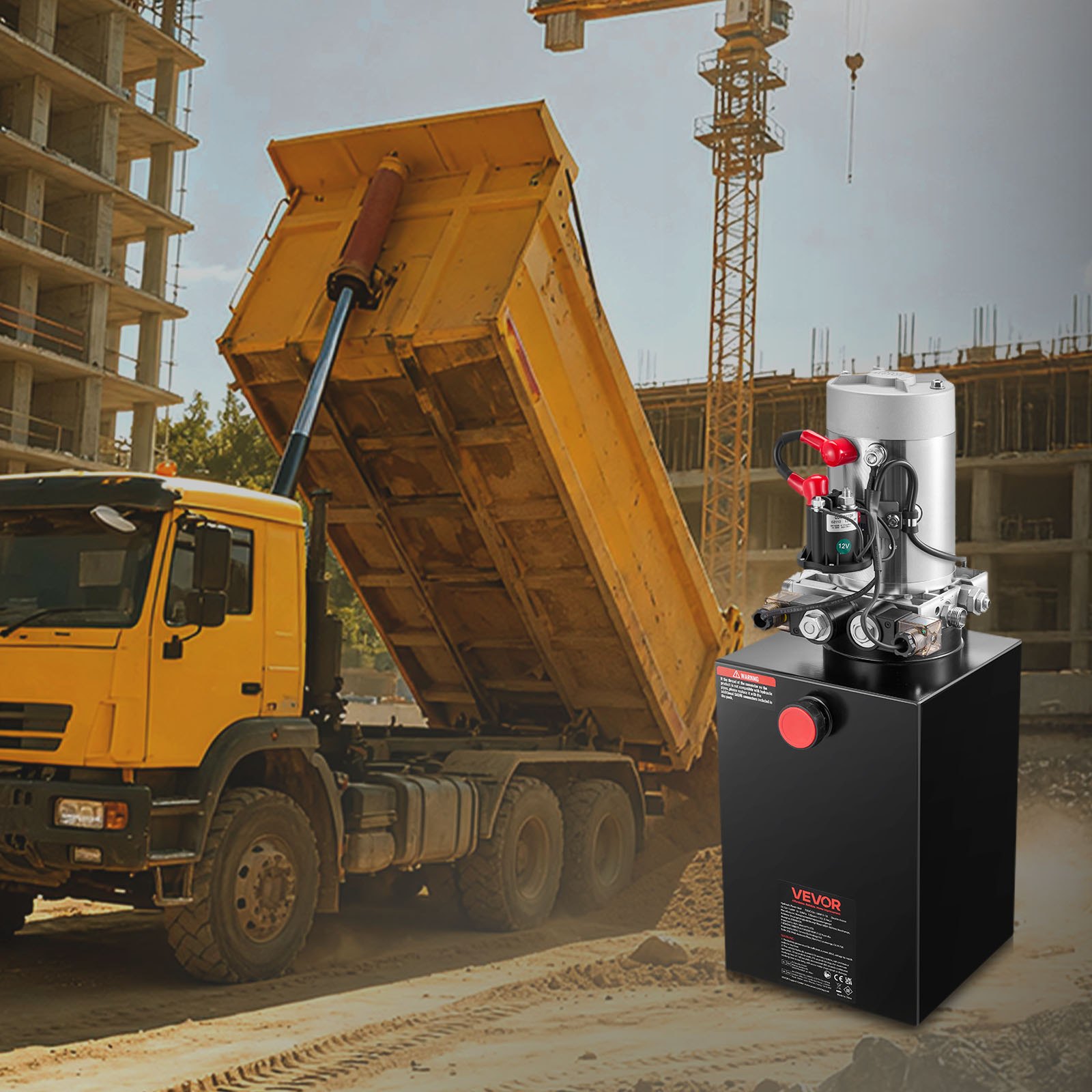 VEVOR 12 L Hydraulic Power Unit, Double Acting Dump Trailer Pump, 22 MPa Max Relief Pressure & 3.4 L/min Flow Rate, DC 12V Hydraulic Pump with Metal Reservoir for Dump Trailer Car Lifting