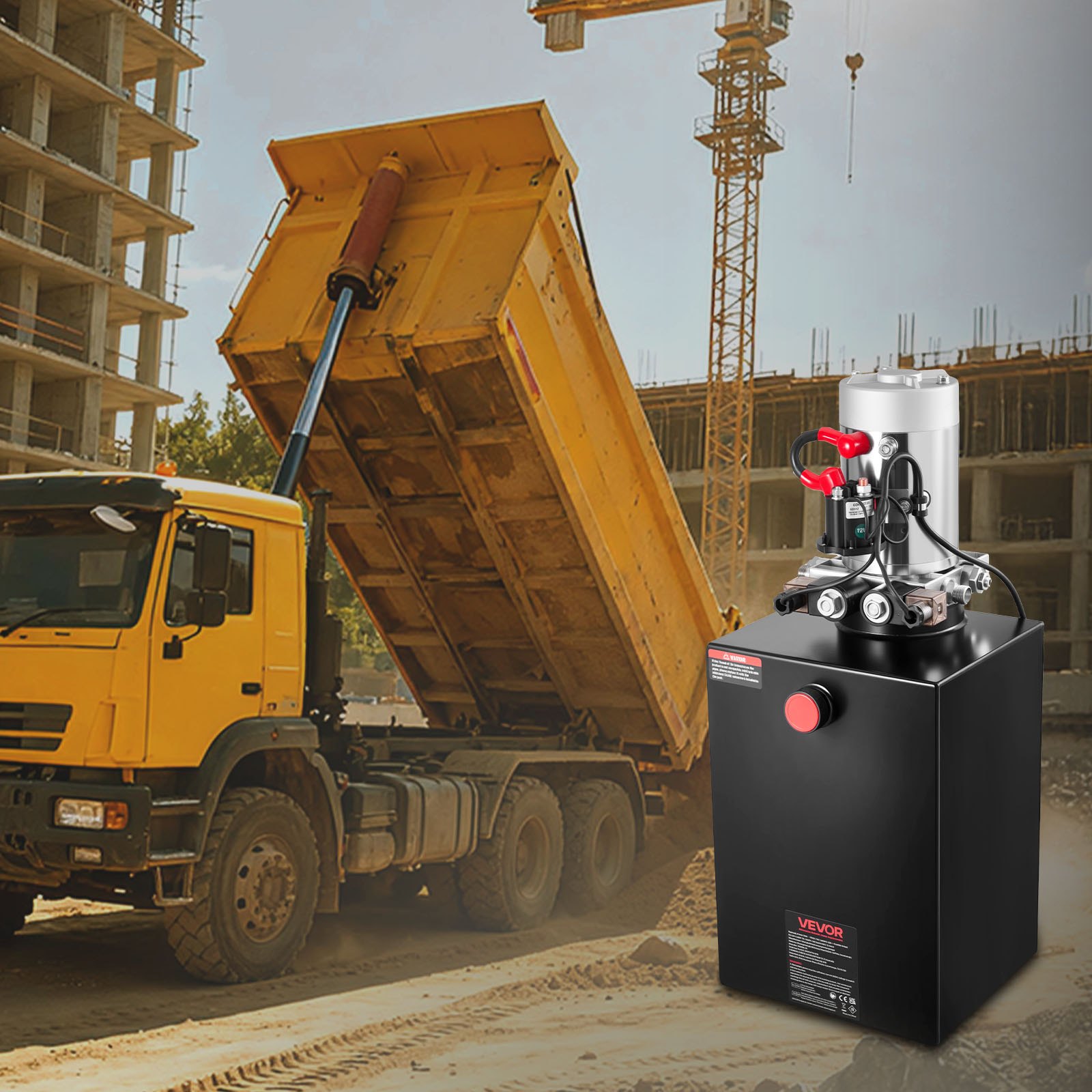 VEVOR Bomba Hidráulica de Efecto Doble 20 Cuartos 12 V CC, Bomba del Remolque Volquete Caudal de 3,4 L/min, con Depósito Metálico para Elevación de Vehículos, Elevadores de Tijera, Apiladores
