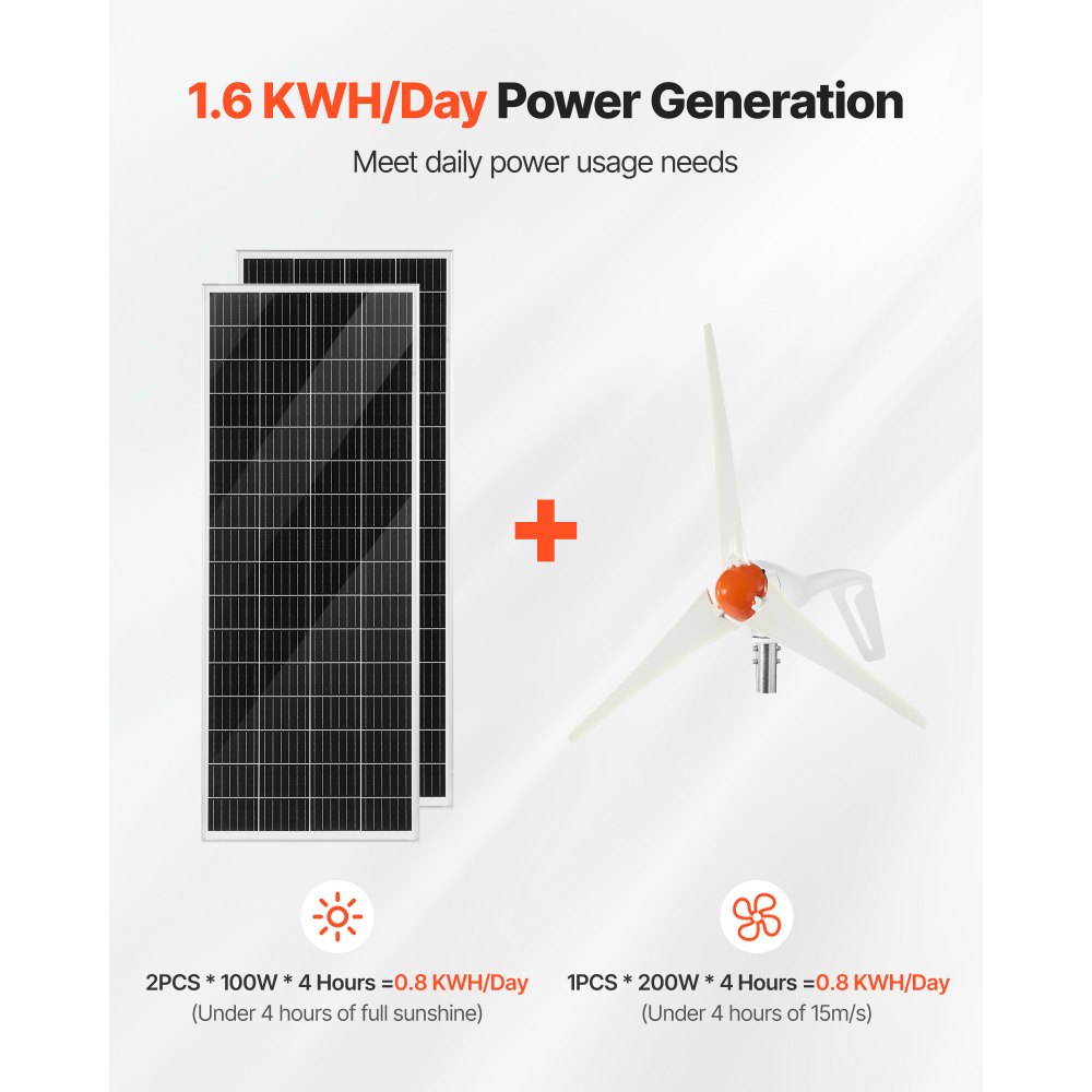 VEVOR Kit de Energía Solar y Eólica 400W 12V 2 Paneles Monocristalinos 100W, Turbina 200 W Controlador de Sistema Híbrido Eólico / Solar MPPT para Hogar Camping Barcos Caravana Aplicaciones Domésticas