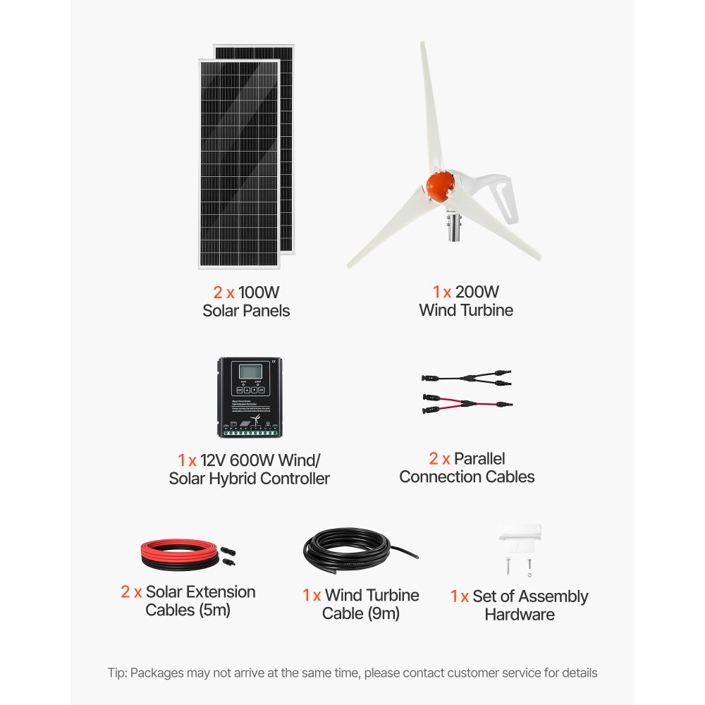 VEVOR Kit de Energía Solar y Eólica 400W 12V 2 Paneles Monocristalinos 100W, Turbina 200 W Controlador de Sistema Híbrido Eólico / Solar MPPT para Hogar Camping Barcos Caravana Aplicaciones Domésticas