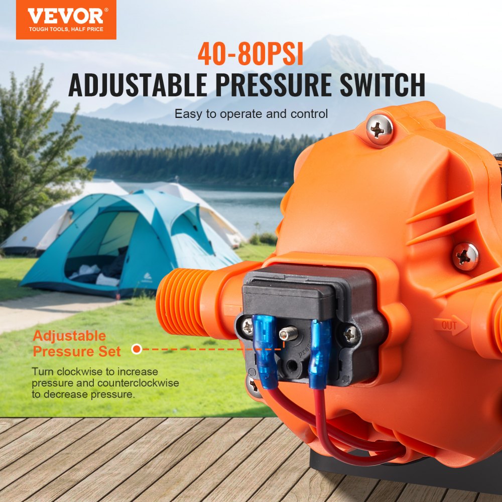 VEVOR 12V Diaphragm Pump, 6.81 L/min, 3-Chamber DC Water Pump with Automatic Pressure Switch, Adjustable 40-100 PSI, 60 PSI, 1/2 Inch MNPT Connection, for RV, Yacht, Food Truck, Camper, Marine