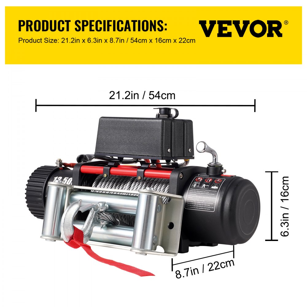 VEVOR Cabestrante Eléctrico 6123,5 kg, Cabrestante Eléctrico 12 V, de Cuerda de Acero Avanzada de 27 m, Cabrestante Eléctrico, Polipastos Eléctricos con Control Remoto Inalámbrico y Motor 4,85kW