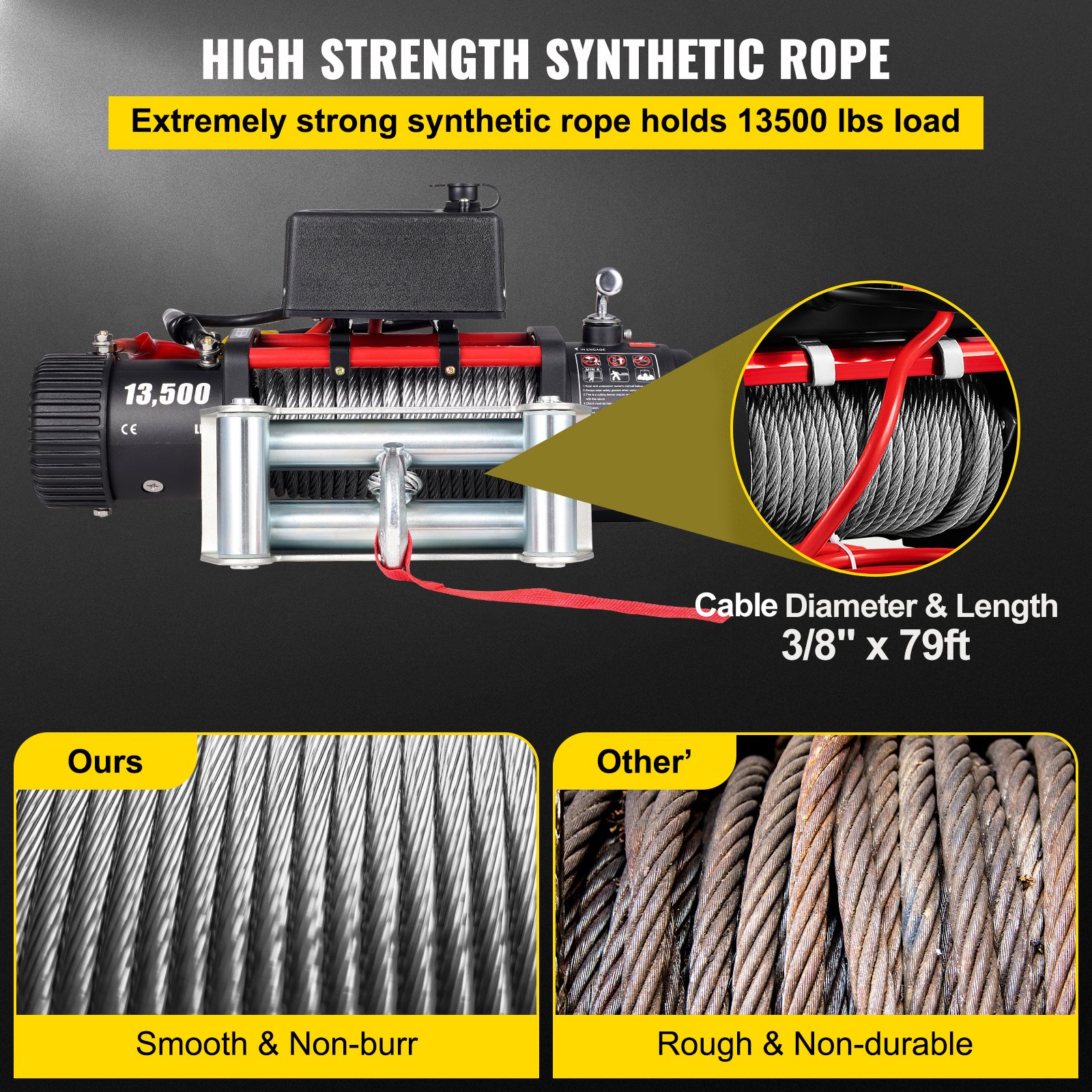 VEVOR Cabestrante Eléctrico 6123,5 kg, Cabrestante Eléctrico 12 V, de Cuerda de Acero Avanzada de 27 m, Cabrestante Eléctrico, Polipastos Eléctricos con Control Remoto Inalámbrico y Motor 4,85kW