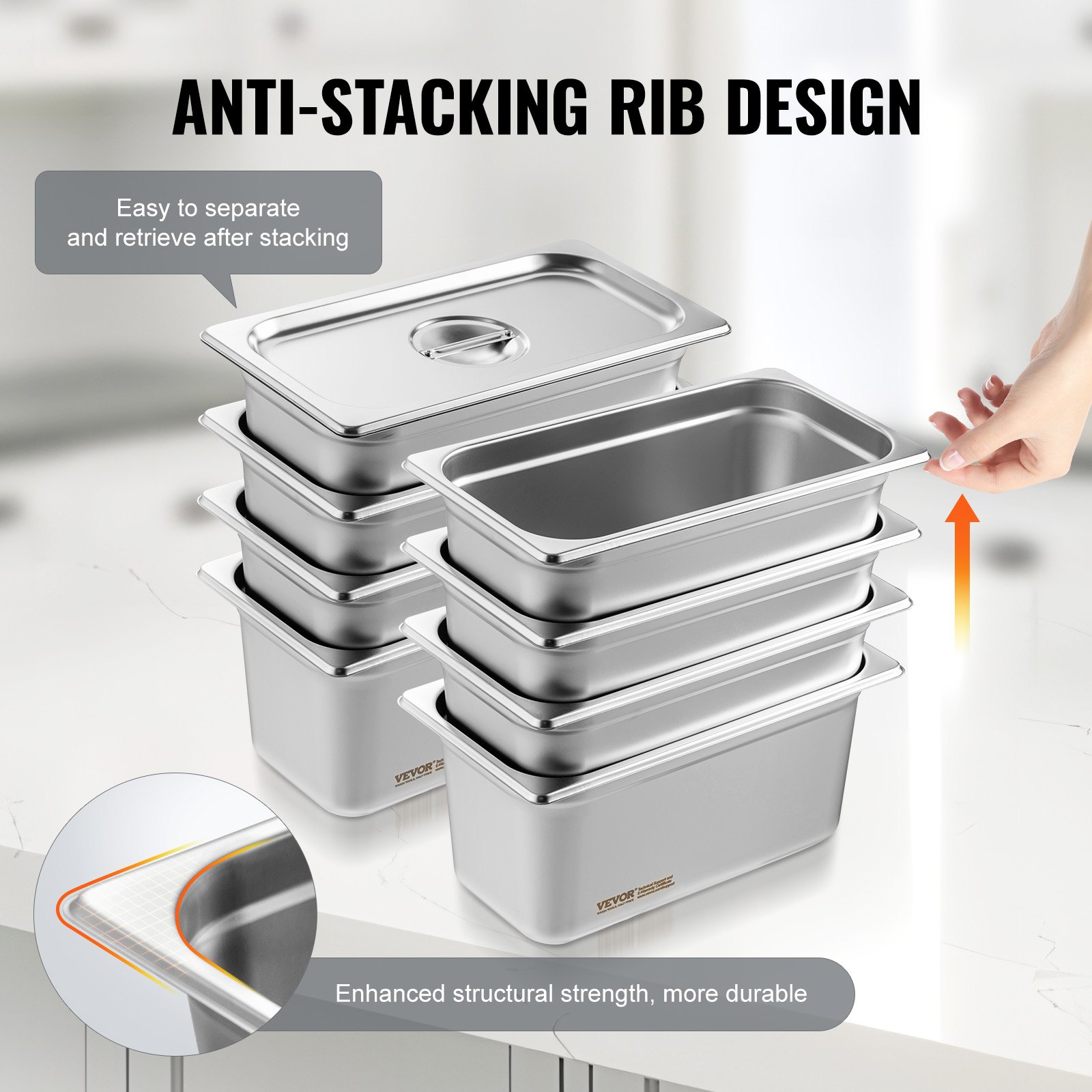 VEVOR Paquete de 8 sartenes de hotel, sartén de vapor antiatasco de tamaño 1/3 con tapa, sartén de mesa de vapor de acero inoxidable de 0,8 mm de espesor, sartén de mesa comercial de 6 pulgadas de profundidad, sartén de almacenamiento de alimentos para catering, para industrial y científico