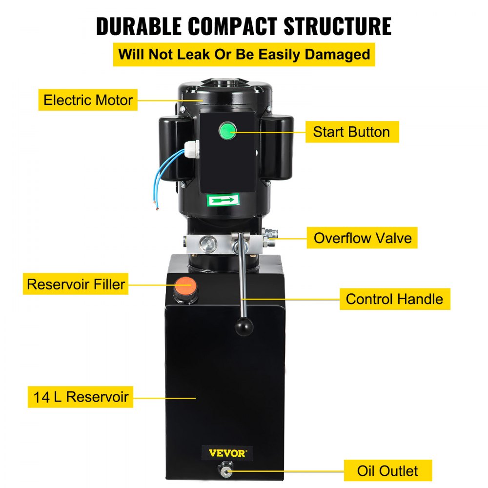 VEVOR Bomba Hidráulica de 14 cuartos, Unidad de Potencia Hidráulica de 2950 PSI, Elevador de Autos, Paquete Hidráulico para Remolque Basculante, 230 V, 60 Hz, Taller de Reparación de Automóviles