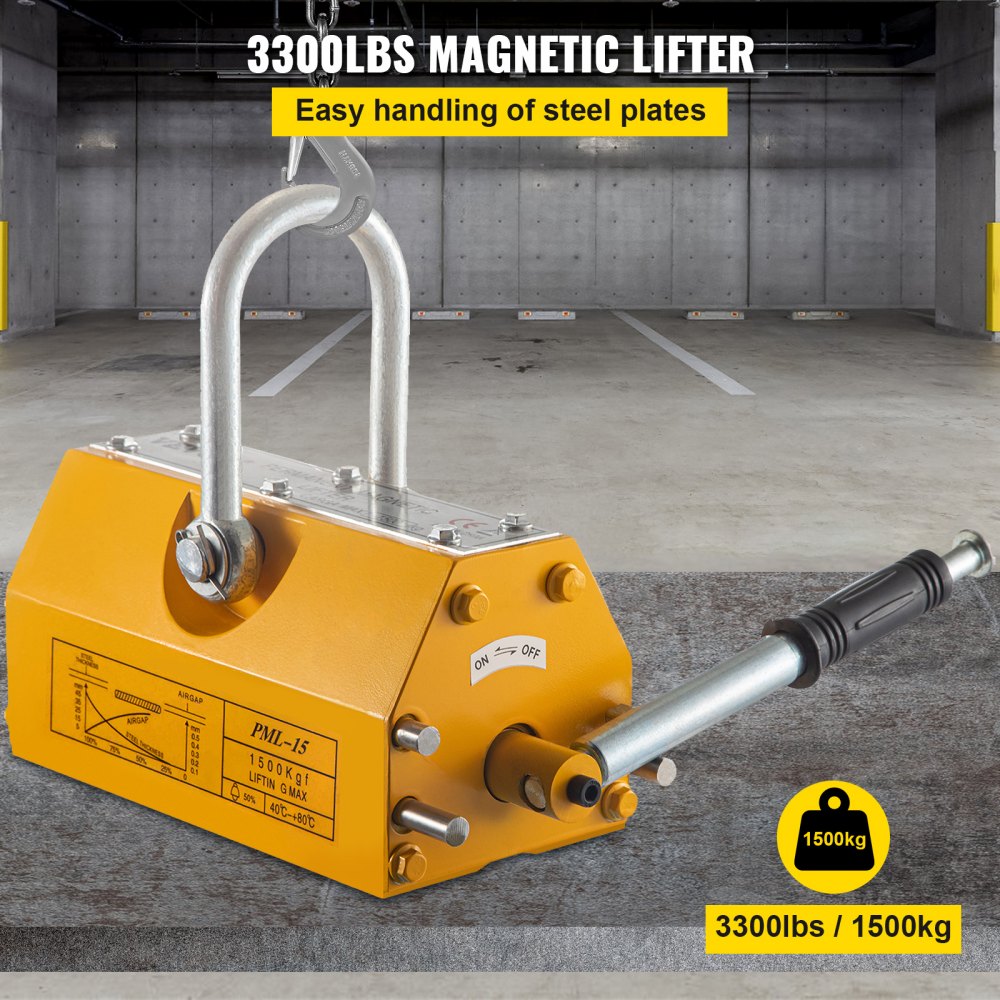 VEVOR Levantador Magnético Permanente 1500 kg, Elevación Imán PML Grúa de Elevación 3300 lbs, Elevador Magnético con Imán Duradero Flexible, Levantamiento Magnético de Alta Resistencia Amarillo