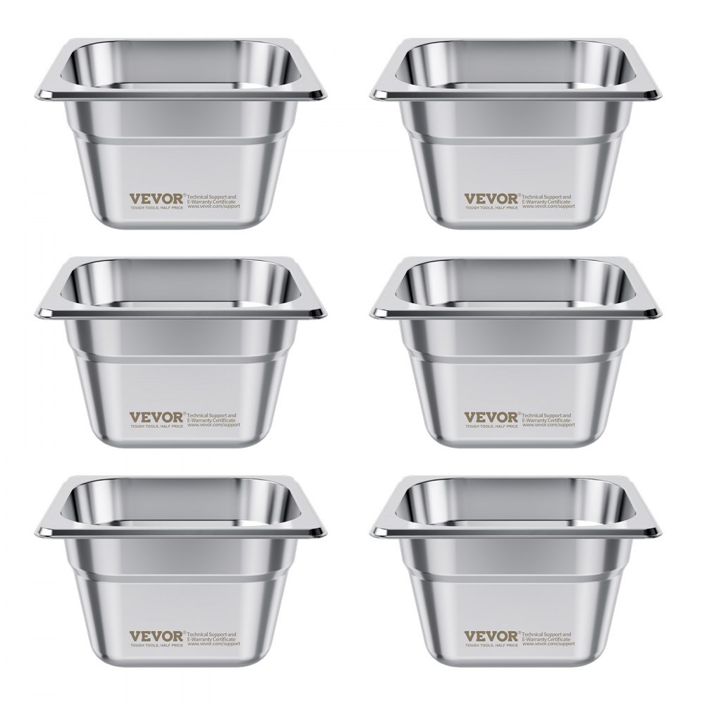 VEVOR Recipiente Gastronorm Reutilizable para Hotel Tamaño 1/6, 6 uds, 1,7 L, de Acero Inoxidable, para Catering, para Rebozar, para Comida para Fiestas, Restaurantes y Bufés, 176 x 162 x 100 mm