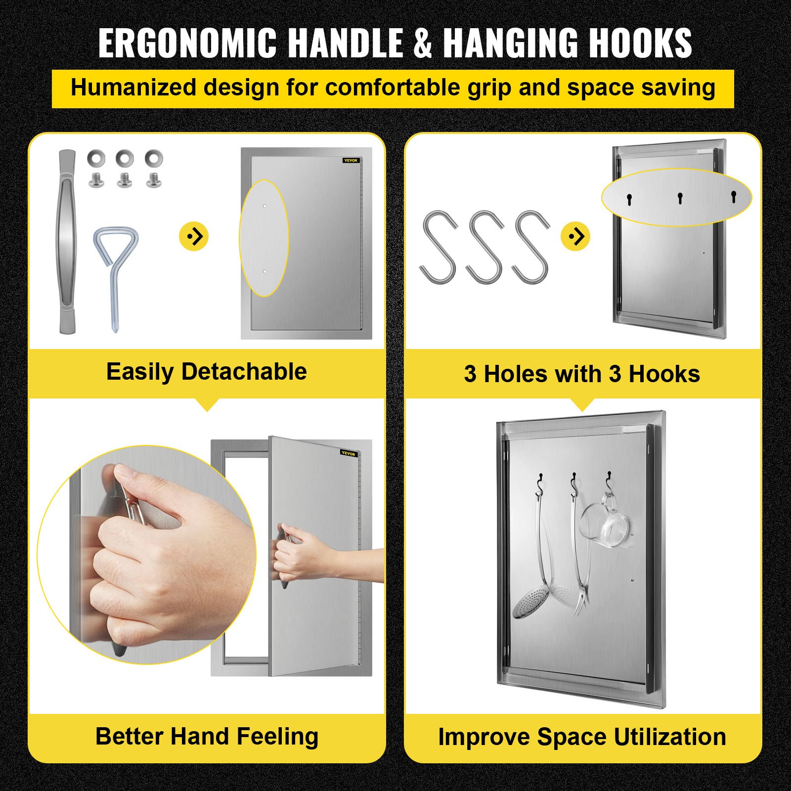 Puerta de acceso para barbacoa VEVOR con mango ergonómico y ganchos para un mejor agarre y ahorro de espacio.