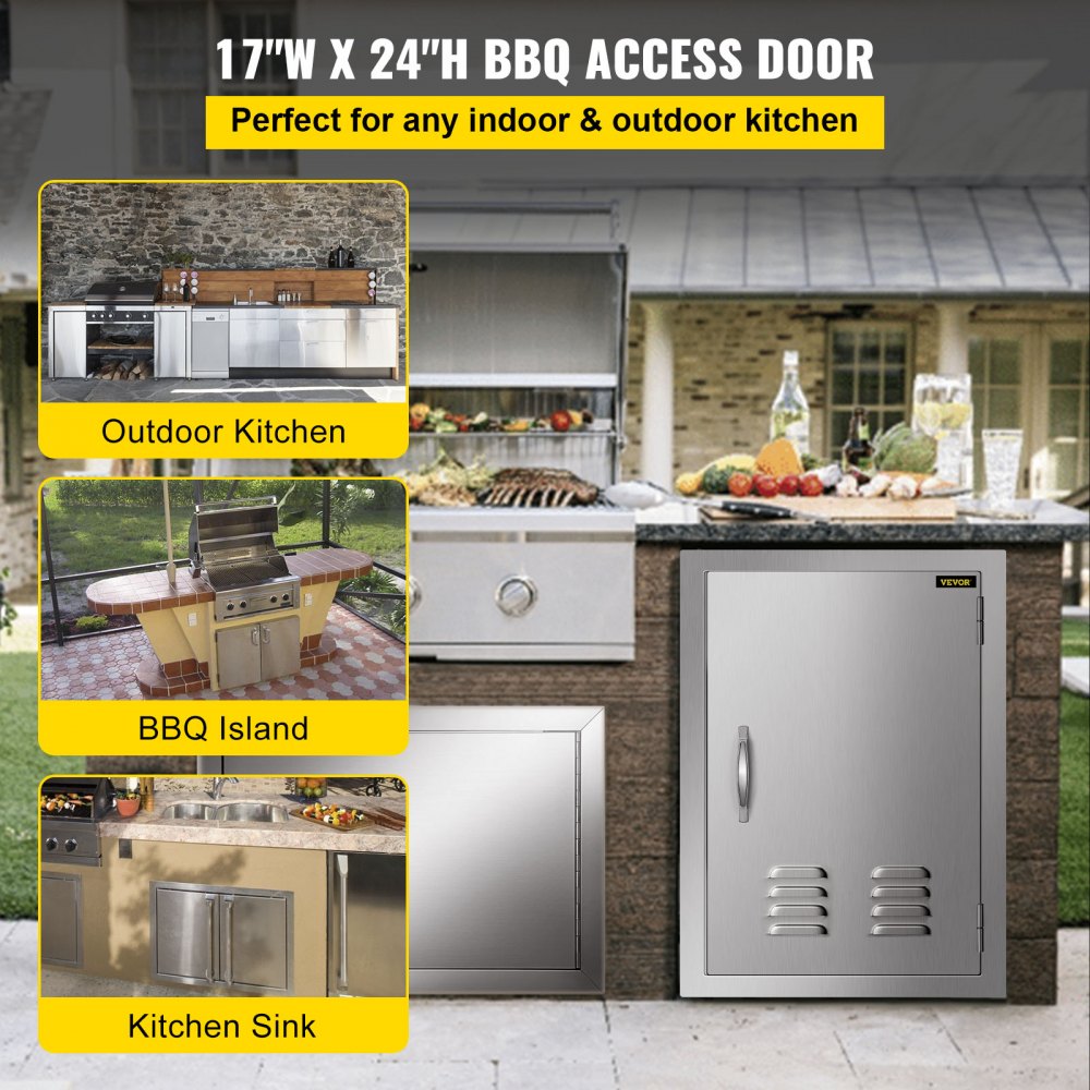 VEVOR Puerta de Acero Inoxidable para Cocina al Aire Libre 43,2 x 60,9 cm, Isla para Asador y Cocina para Exteriores, con Tamaño del Recorte de 37,3 x 55,9 cm, Puerta de Acero Inoxidable para Barbacoa