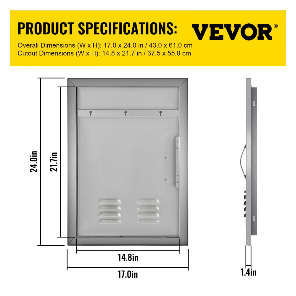 VEVOR Puerta de Acero Inoxidable para Cocina al Aire Libre 43,2 x 60,9 cm, Isla para Asador y Cocina para Exteriores, con Tamaño del Recorte de 37,3 x 55,9 cm, Puerta de Acero Inoxidable para Barbacoa