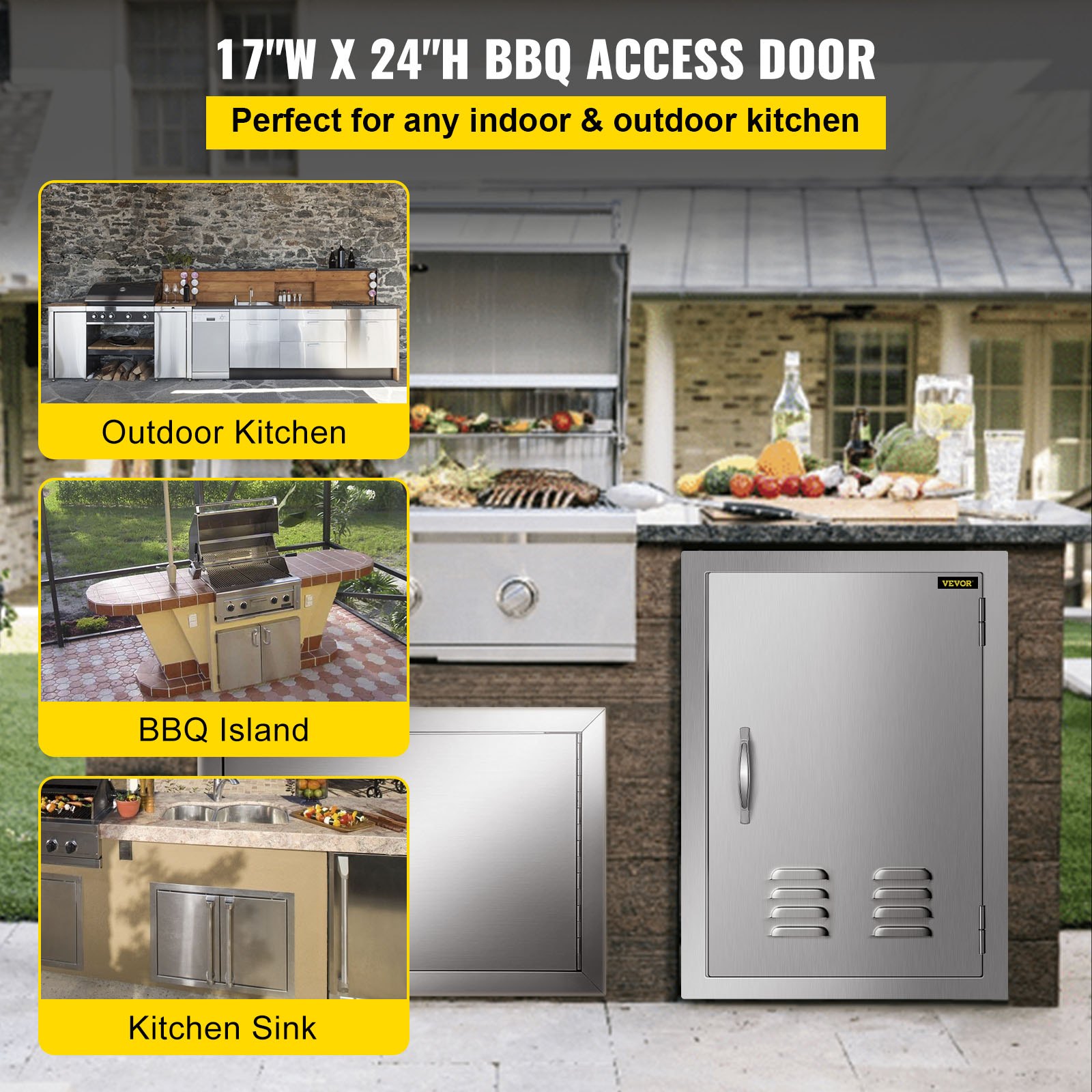 VEVOR Puerta de Acero Inoxidable para Cocina al Aire Libre 43,2 x 60,9 cm, Isla para Asador y Cocina para Exteriores, con Tamaño del Recorte de 37,3 x 55,9 cm, Puerta de Acero Inoxidable para Barbacoa