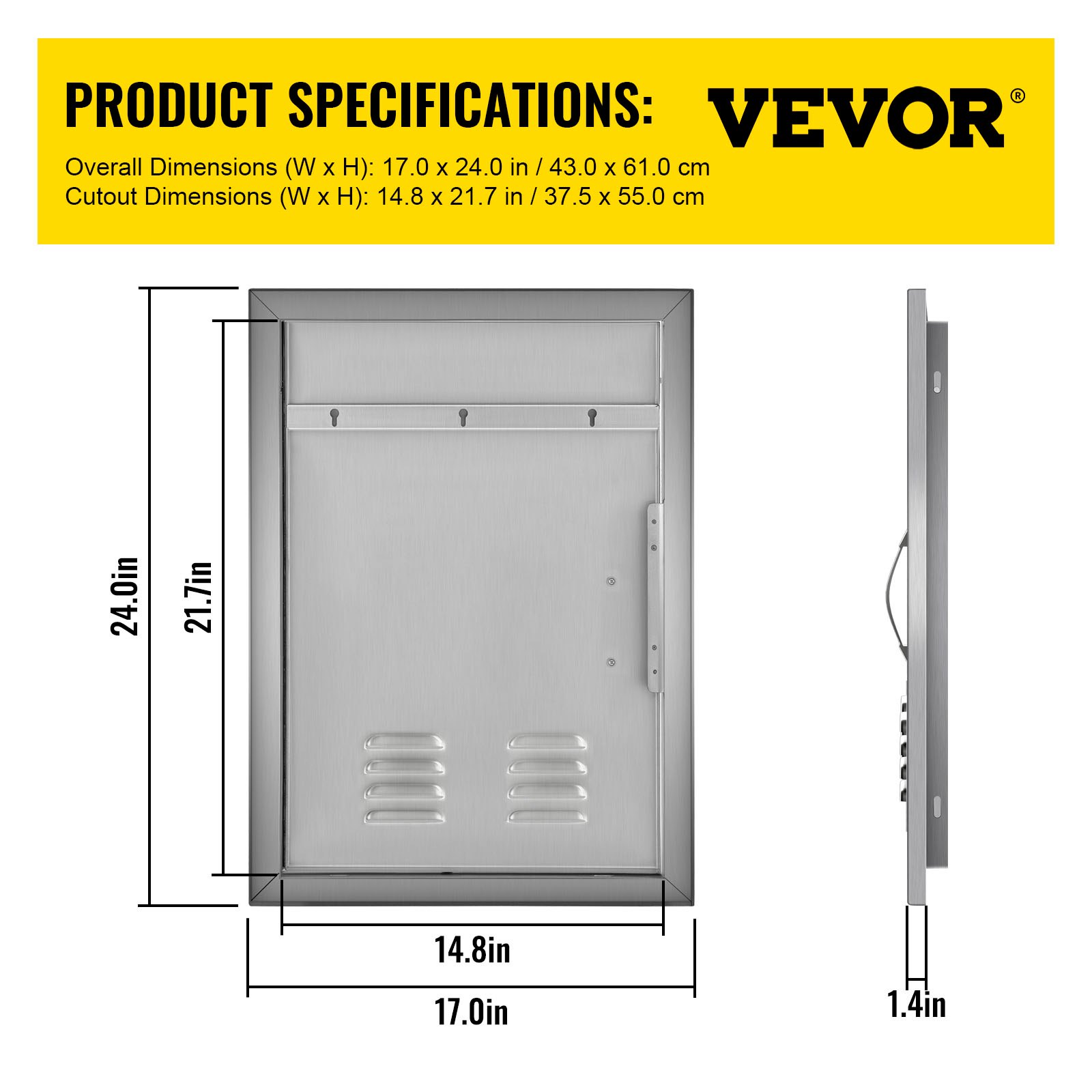 VEVOR Puerta de Acero Inoxidable para Cocina al Aire Libre 43,2 x 60,9 cm, Isla para Asador y Cocina para Exteriores, con Tamaño del Recorte de 37,3 x 55,9 cm, Puerta de Acero Inoxidable para Barbacoa