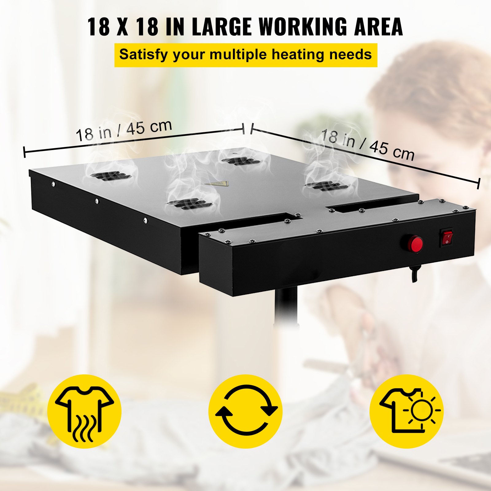 VEVOR  Secador para Impresión de Pantalla Soporte Ajustable 2,000 W, Secadora de Flash de Calidad con Altura Ajustable Negro, con Caja de Control Eléctrico 45 x 45 cm