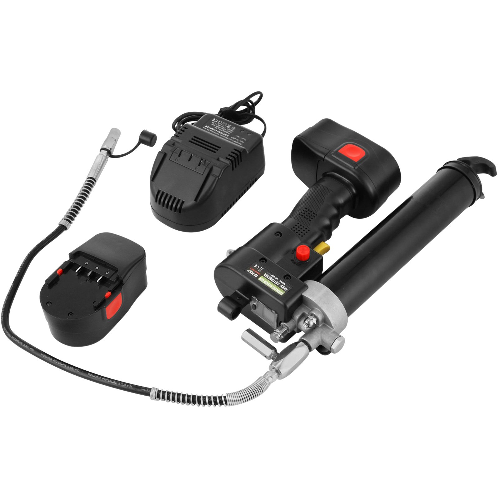VEVOR Pistola Engrasadora Eléctrica 88,71 ml Pistolas de Engrase 10.000 psi Pistola Engrasadora Inalámbrica 2 Pilas de 18 V Pistola Engrasadora a Batería con Cargador y Caja Herramienta de Reparación