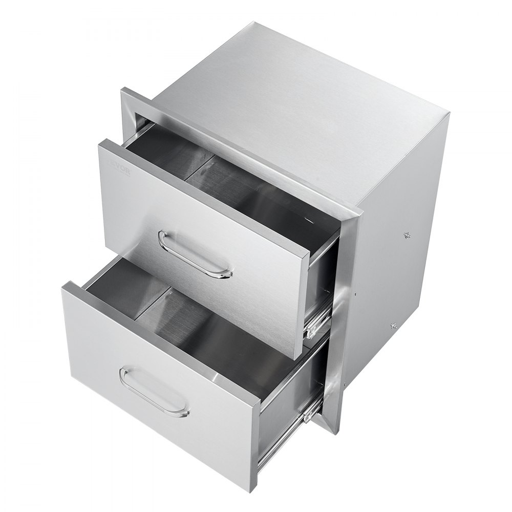 Cajones de cocina exterior VEVOR de acero inoxidable con dos compartimentos abiertos.