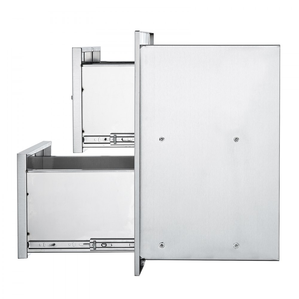 Cajones de cocina exterior VEVOR en acero inoxidable con compartimentos abiertos y cerrados.