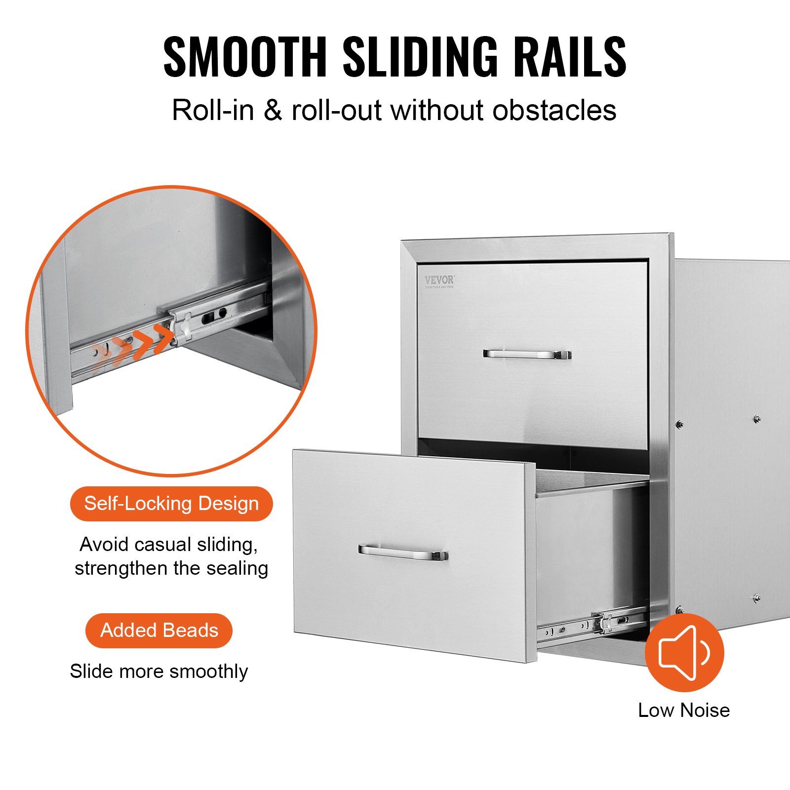 Cajones de cocina para exterior VEVOR con rieles de deslizamiento suaves y diseño autoblocante.