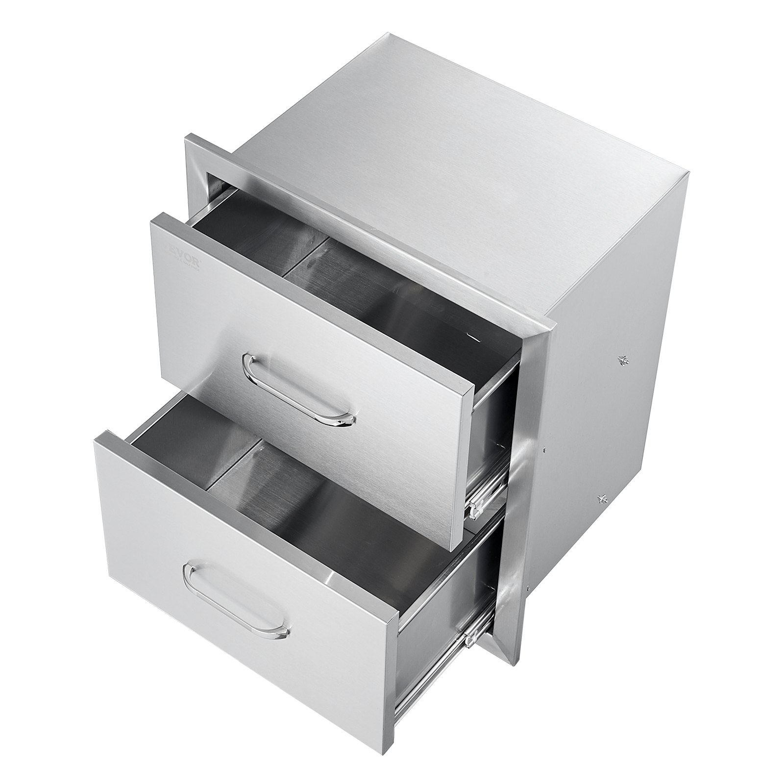 Cajones de cocina exterior VEVOR de acero inoxidable con dos compartimentos abiertos.