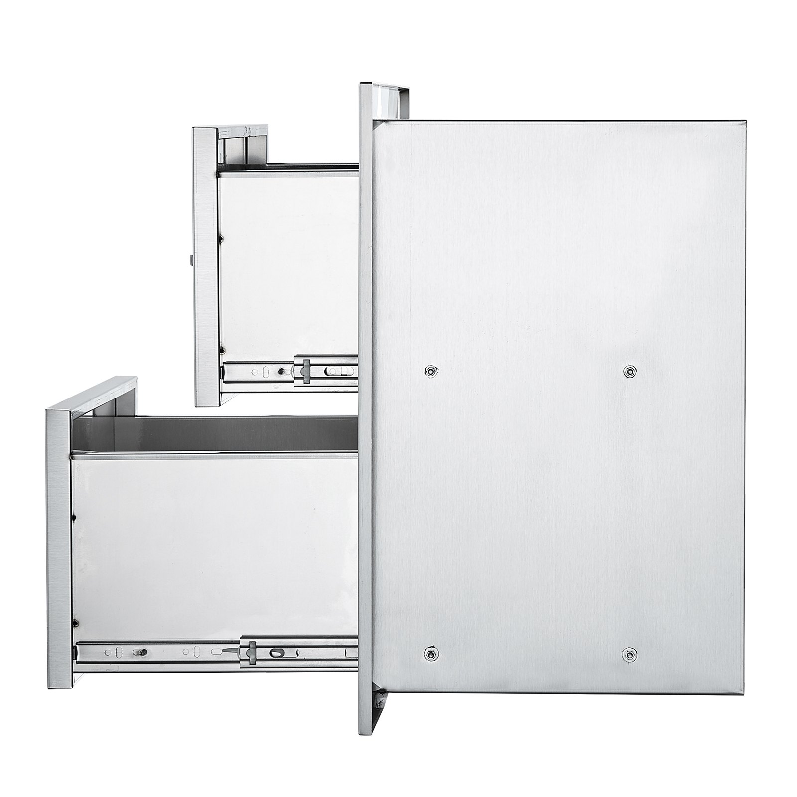 Cajones de cocina exterior VEVOR en acero inoxidable con compartimentos abiertos y cerrados.