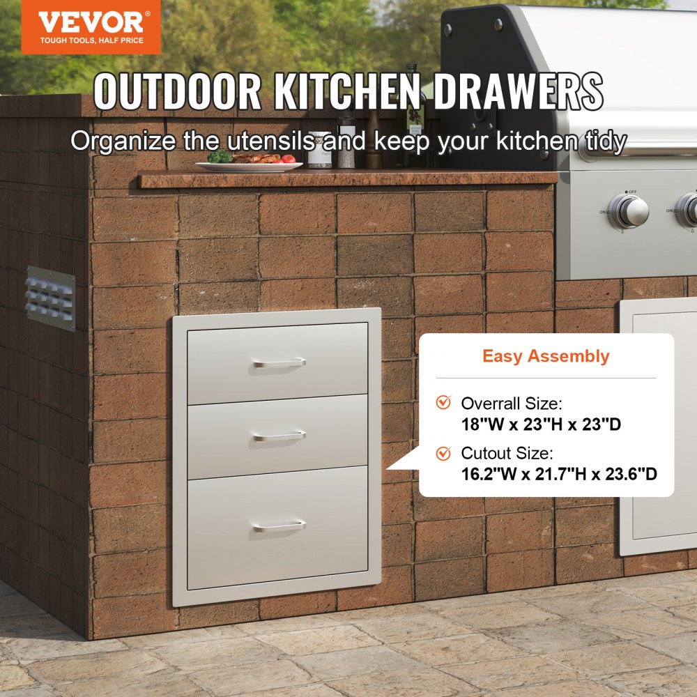 VEVOR Outdoor Kitchen Stainless Steel Triple Access BBQ Drawers with Chrome Handle, 458 x 585 x 588 mm