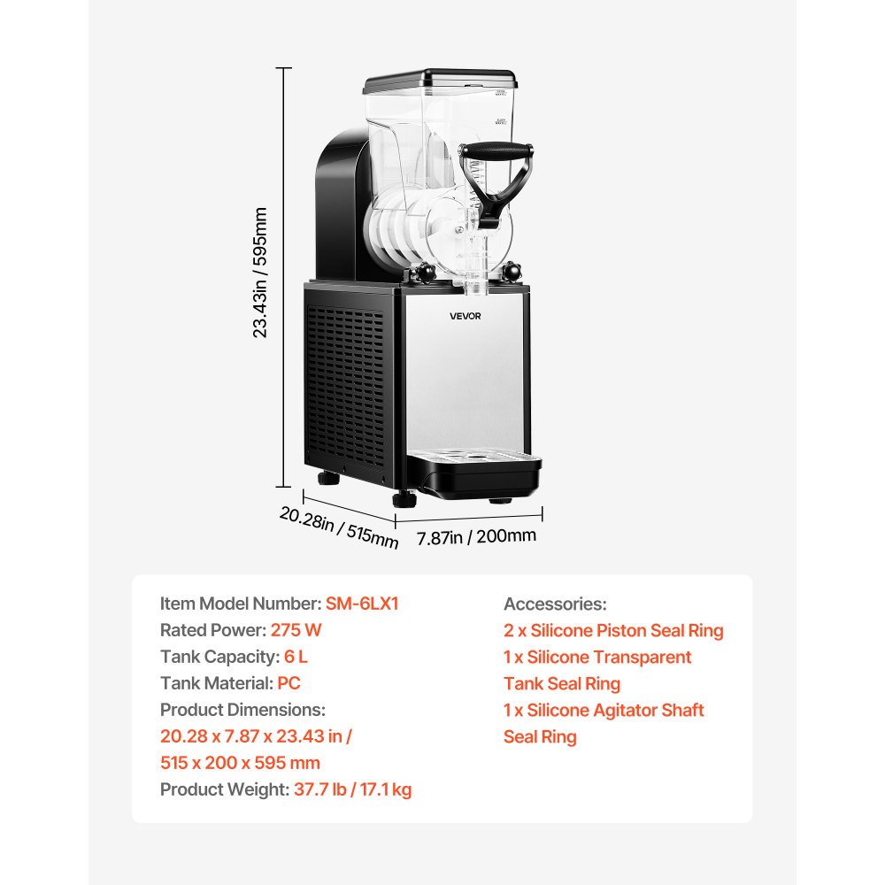 VEVOR Máquina para Hacer Granizados con Un Tanque de 6 L, Máquina de Granizado para Bebidas Congeladas, con Autolimpieza, para Hacer Margaritas, Frappés, Batidos, para Restaurantes, Bares, Fiestas