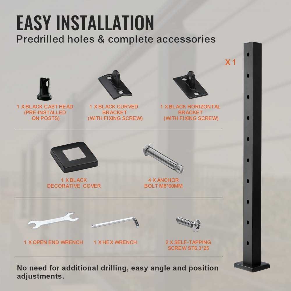 VEVOR Cable Railing Post, 91.4 x 5.1 x 5.1 cm, Steel, 30° Angled Hole, 10 Pre-Drilled Holes, SUS304 Stainless Steel Railing Post with Curved Bracket, 1 Pack, Black, 1JZLGZ91455HV8GHUV0