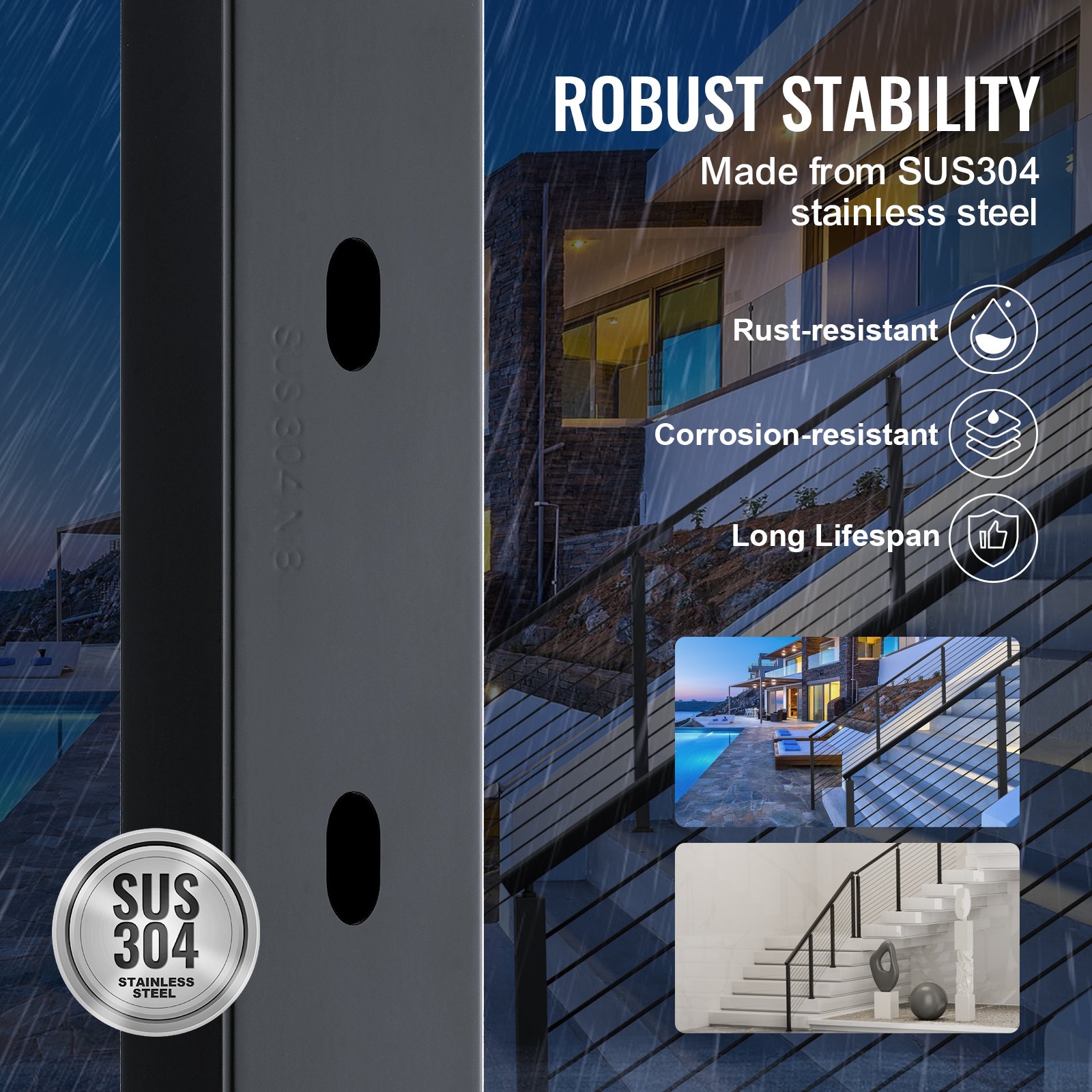 VEVOR Cable Railing Post, 91.4 x 5.1 x 5.1 cm, Steel, 30° Angled Hole, 10 Pre-Drilled Holes, SUS304 Stainless Steel Railing Post with Curved Bracket, 1 Pack, Black, 1JZLGZ91455HV8GHUV0