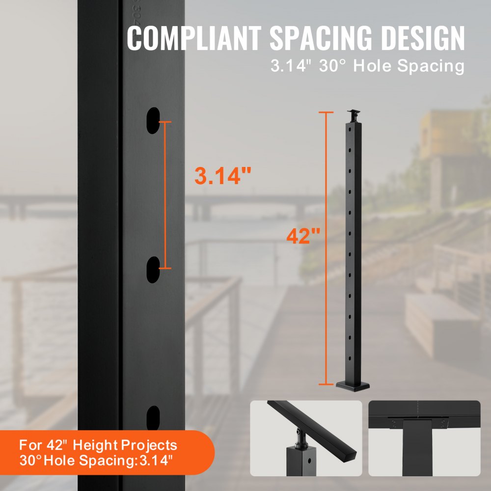 VEVOR cable railing post, 106.68 x 2.54 x 5.08 cm, 30° angled hole, stair railing post, 12 pre-drilled holes, SUS304 stainless steel post with curved bracket, 1JZLGZHS1067HNEKV0