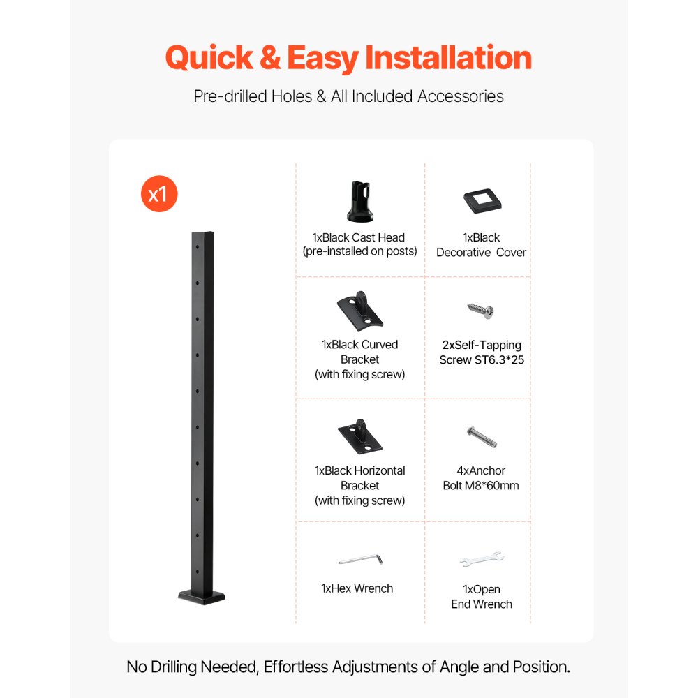 VEVOR cable railing post, 914x50.8x50.8 mm, cable stair railing post, pre-drilled horizontal holes, stainless steel SUS304, for handrail, balustrade, black, 1JZLGZXHS9148RVYS001V0