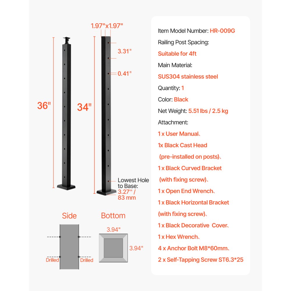 VEVOR cable railing post, 914x50.8x50.8 mm, cable stair railing post, pre-drilled horizontal holes, stainless steel SUS304, for handrail, balustrade, black, 1JZLGZXHS9148RVYS001V0