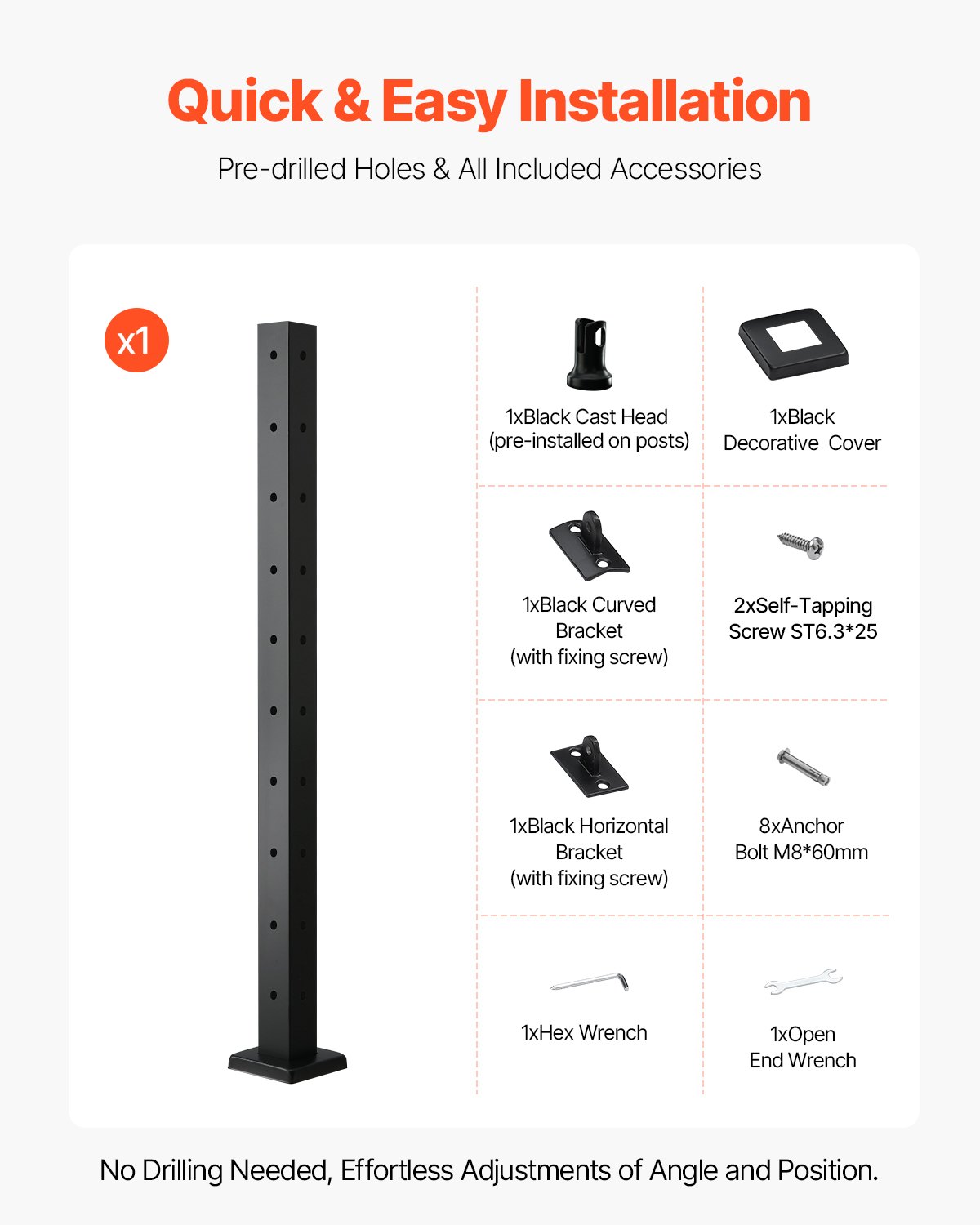 VEVOR Cable Railing Post, 36x2x2 Inch Corner Railing Post, with L-Shaped Pre-Drilled Holes, Stainless Steel Cable Rail Post with Horizontal and Curved Bracket, 1-Pack, Black, 1JZLGZXHS914ZPBNY001V0