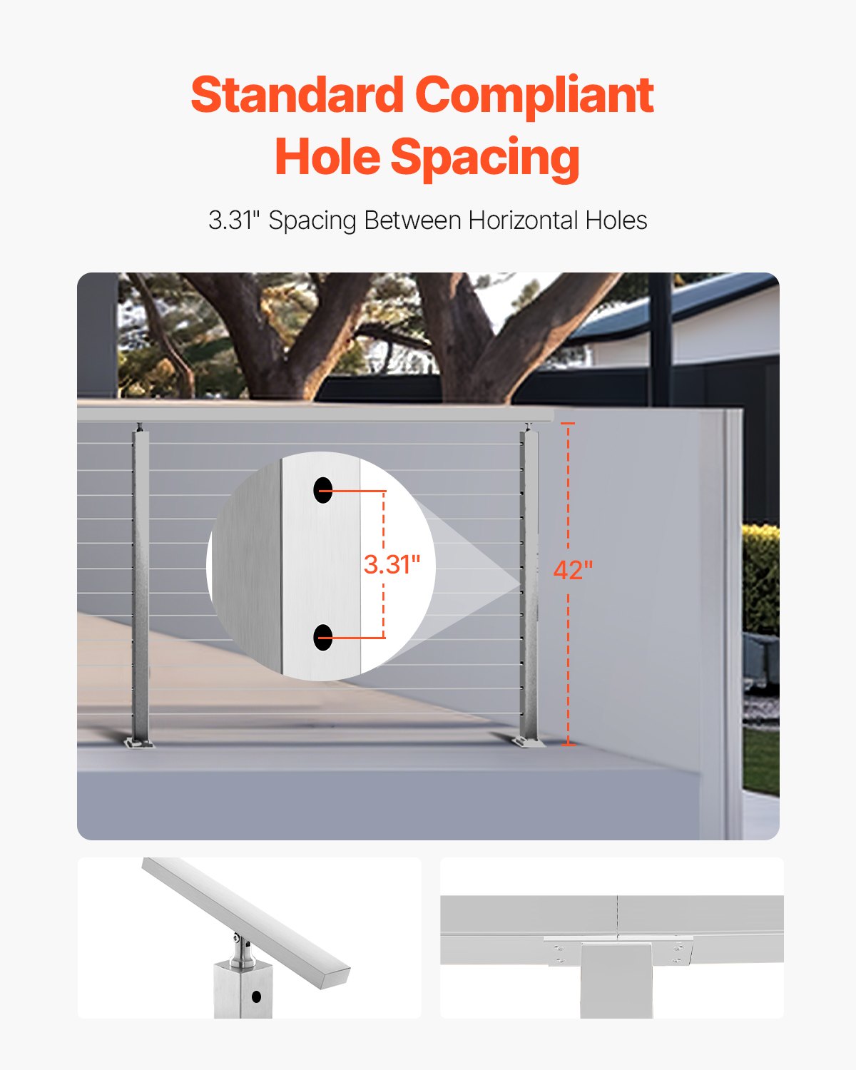 VEVOR Poste de Barandilla de Cable, 1 PCS Postes de Barandilla 106,7 x 5 x 5 cm Poste de Riel de Cable de Acero Inoxidable SUS304 con kit de soporte de montaje, Plateado, 1JZLGZXYS1061EF8W001V0