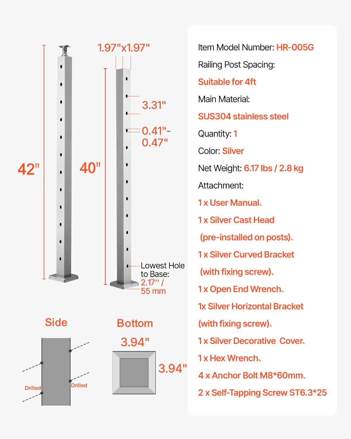VEVOR Poste de Barandilla de Cable, 1 PCS Poste de Barandilla 106,7 x 5 x 5 cm en Ángulo de 30°, Poste de Acero Inoxidable SUS304 con Soporte Horizontal y Curvo, Plata, 1JZLGZXYS1062TLWC001V0