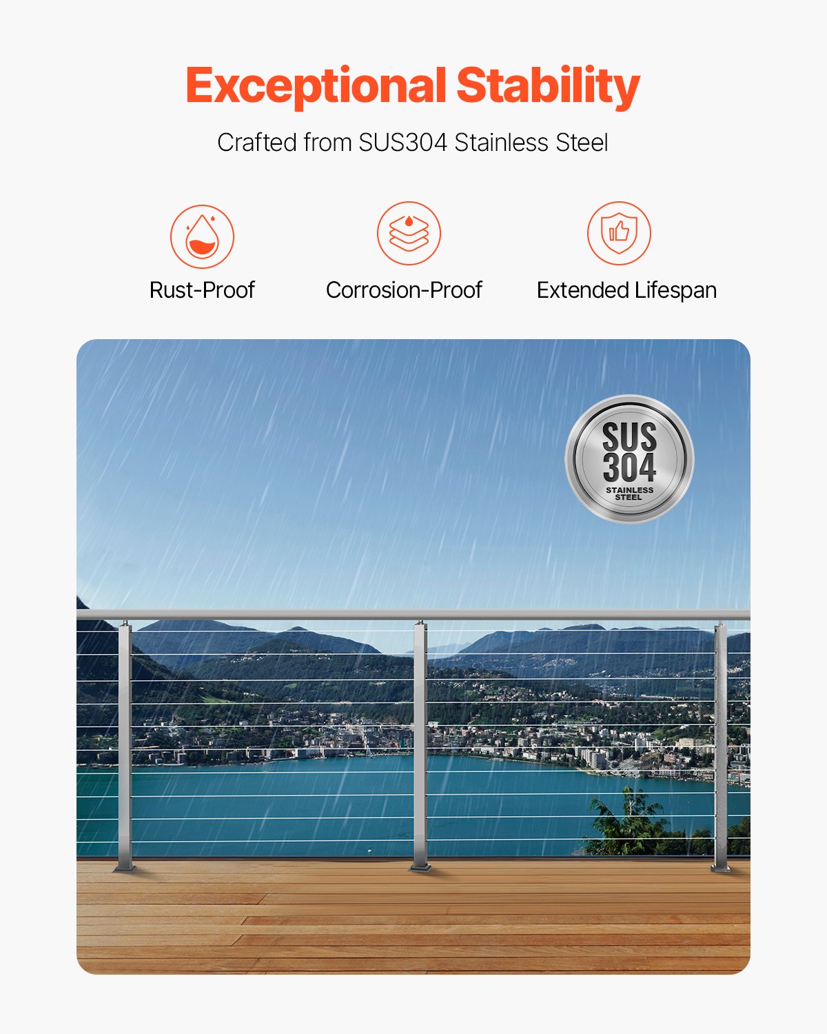 VEVOR Cable Railing Post, 91.4x5x5cm Steel Deck Railing Post with Horizontal & Pre-Drilled Holes, SUS304 Stainless Steel, with Curved Bracket, 1 pc., Silver, 1JZLGZXYS91466KZK001V0