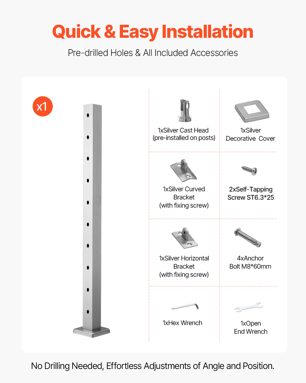 VEVOR Cable Railing Post, 91.4x5x5cm Steel Deck Railing Post with Horizontal & Pre-Drilled Holes, SUS304 Stainless Steel, with Curved Bracket, 1 pc., Silver, 1JZLGZXYS91466KZK001V0