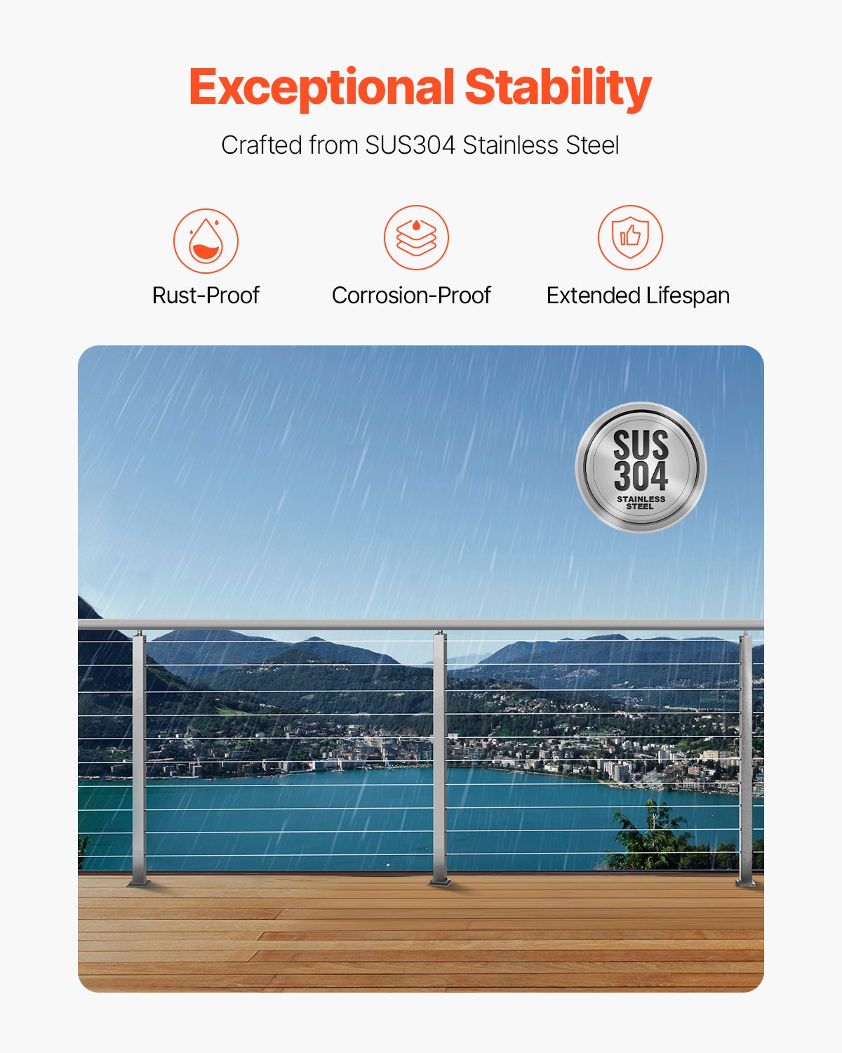 VEVOR Poste de Pasamanos de Cable Poste de Barandilla para Escalera de Terraza 91,4x2,5x5 cm Poste de Acero Inoxidable con Piquetes Preperforados Soporte de Montaje, Plateado, 1JZLGZXYS914I4BDB001V0