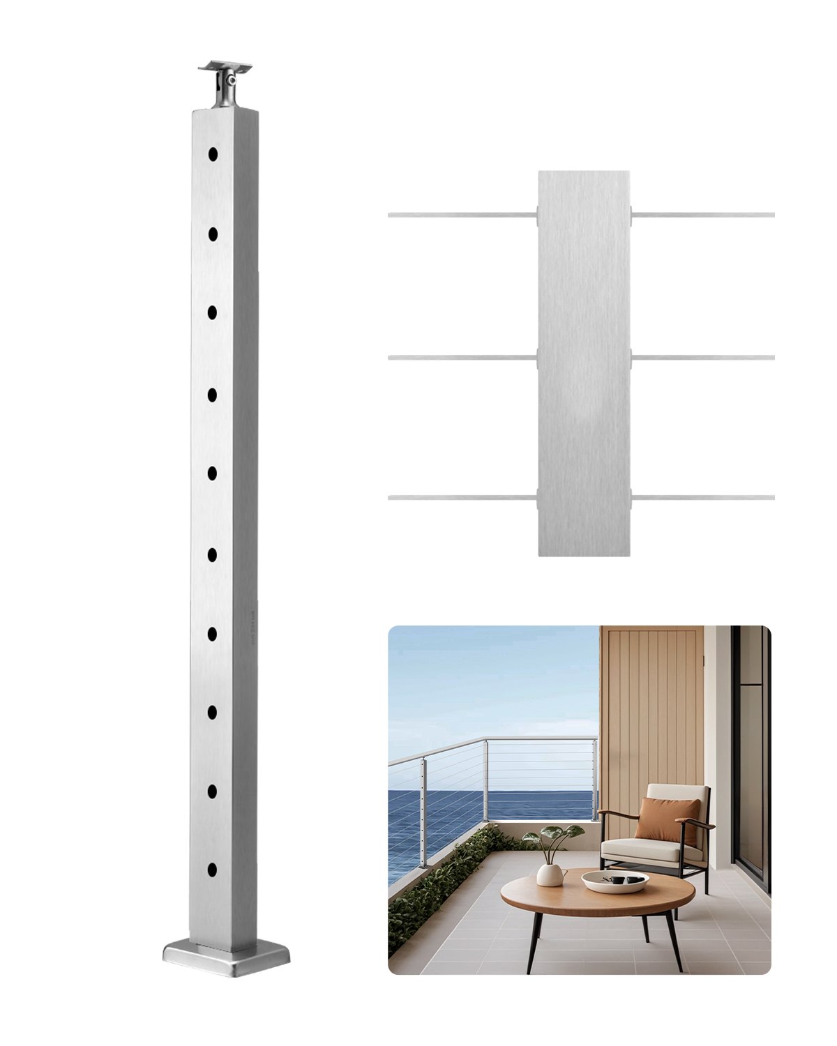 VEVOR Poste de Pasamanos de Cable Poste de Barandilla para Escalera de Terraza 91,4x2,5x5 cm Poste de Acero Inoxidable con Piquetes Preperforados Soporte de Montaje, Plateado, 1JZLGZXYS914I4BDB001V0