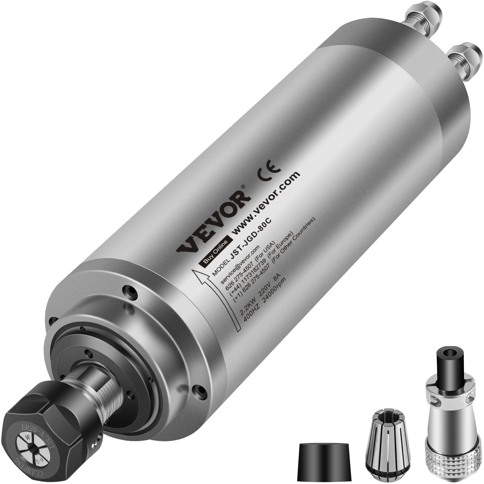 VEVOR Motor de Husillo Refrigerado por Agua ER20 2,2 KW 220 V, Kit de Motor de Husillo para Fresadora de Grabado 400 Hz, Motor Refrigerado por Agua Velocidad de 8,000-24,000 R / min de Alta Precisión