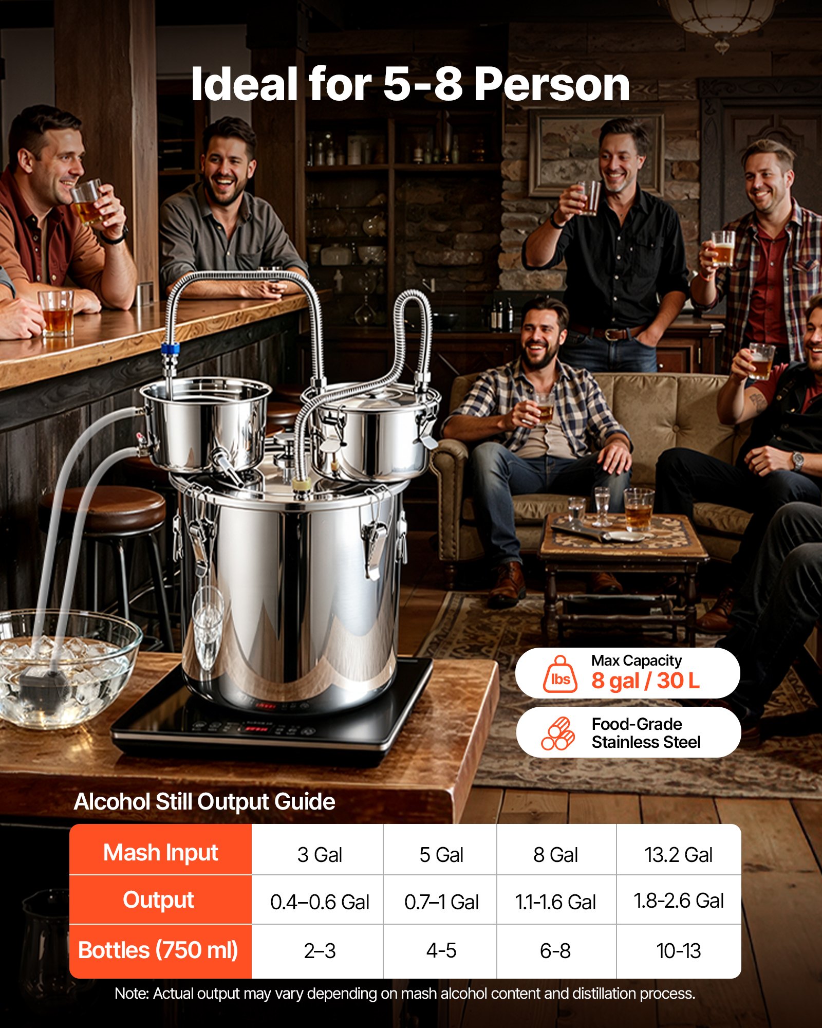 VEVOR Kit de Destilador de Agua y Alcohol 30 L Alambique con Accesorios, Con Barril de Destilación Incorporado, Termómetro de Doble Escala, Bomba de Agua, Para Elaborar Whisky, Vino, Brandy en Casa