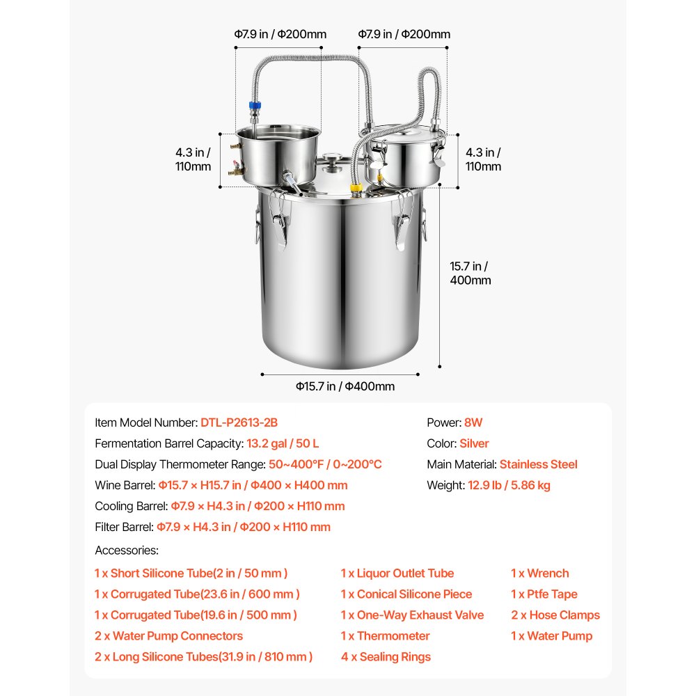 VEVOR Kit de Destilador de Agua y Alcohol 50 L Alambique con Accesorios, Con Barril de Destilación Incorporado, Termómetro de Doble Escala, Bomba de Agua, Para Elaborar Whisky, Vino, Brandy en Casa