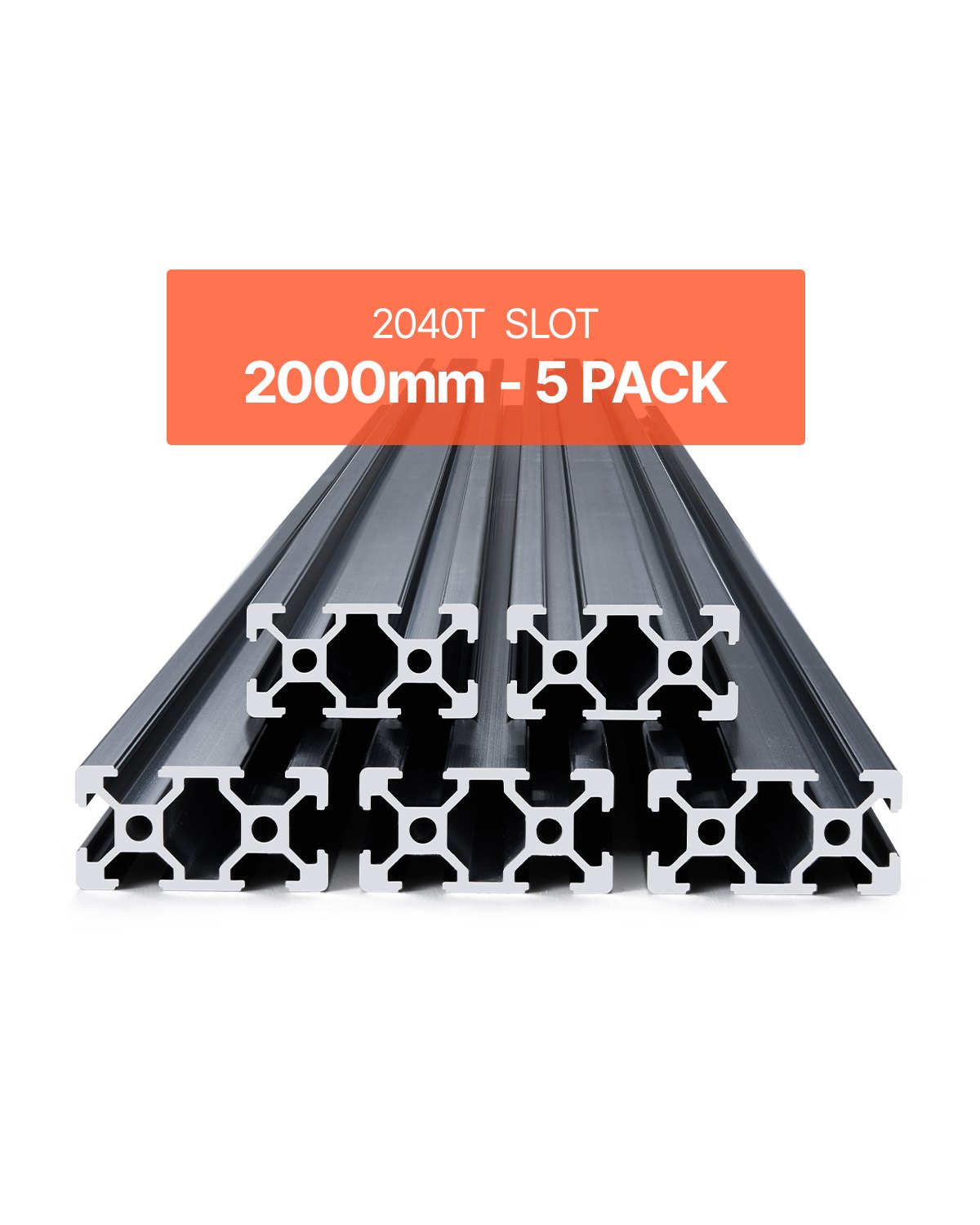 VEVOR 5 Piezas Perfiles de Extrusión de Aluminio 2040 con ranura en T de 2000 mm, Riel Lineal Anodizado de Alta Resistencia para Impresora 3D, Máquina CNC (DIY), Grabado Láser, Color Negro