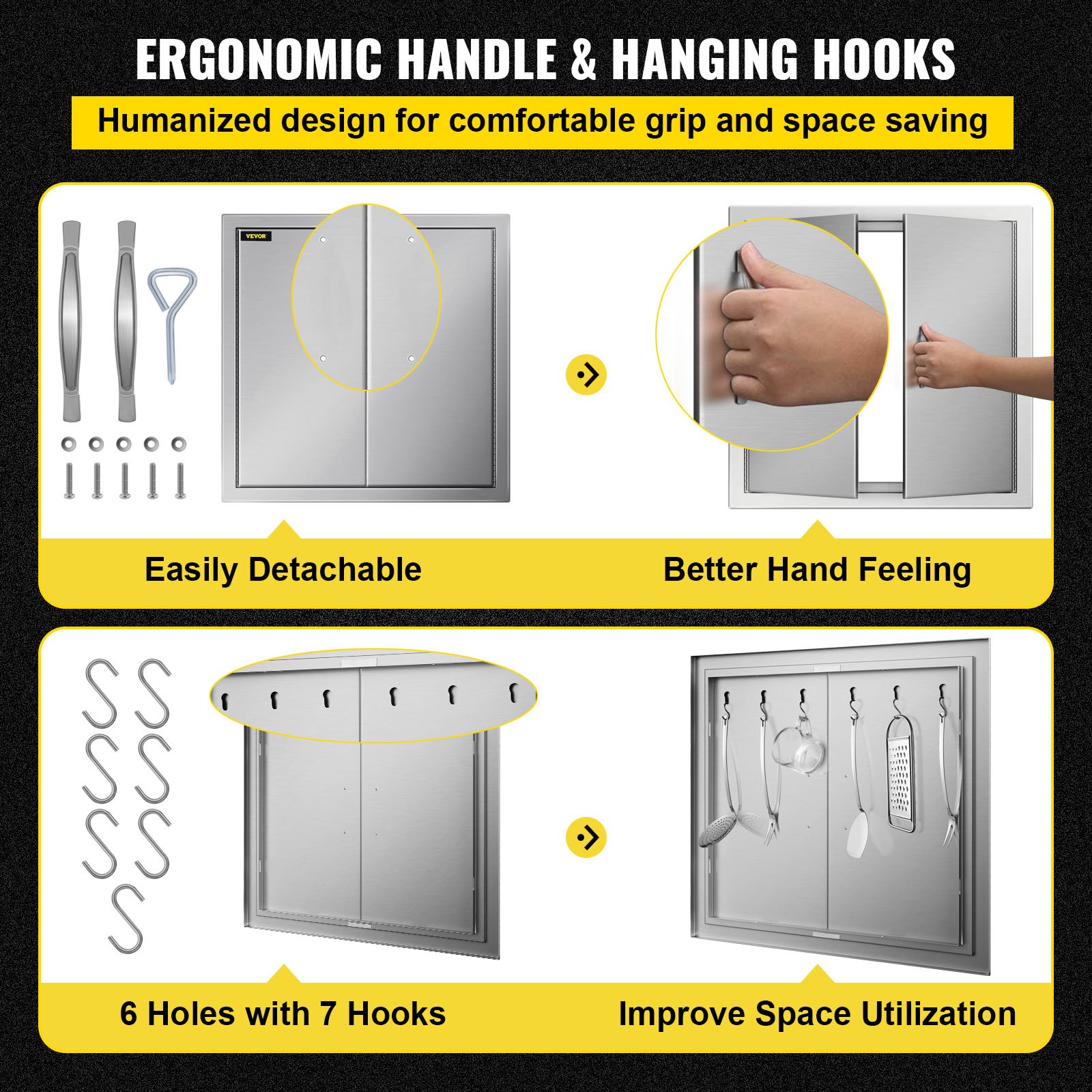 Puerta de acceso para barbacoa VEVOR con mango ergonómico, diseño desmontable y ganchos para colgar.