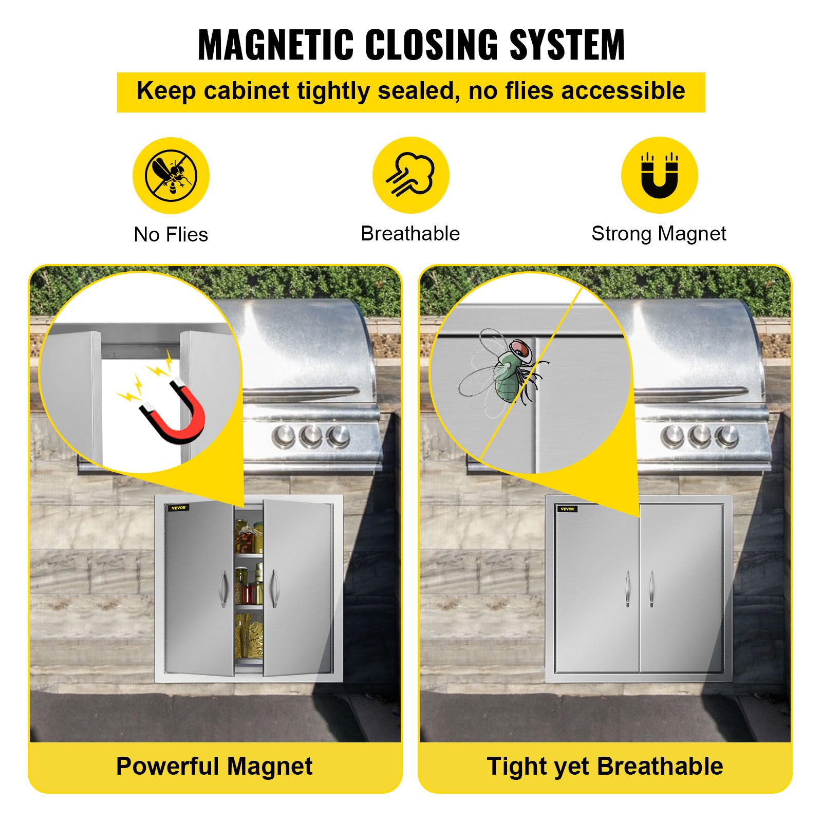 Puerta de acceso para barbacoa VEVOR, sistema de cierre magnético, sin moscas, transpirable, imán fuerte.