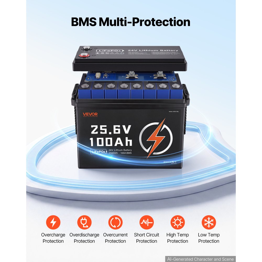 VEVOR Batería de Litio LiFePO4 24 V 100 Ah, Más de 4000 Ciclos, 2560 Wh, Protección Contra Bajas Temperaturas, Corriente de Carga Máx. 100A, Compatible con Conexión 8P2S, para Vehículos Recreativos