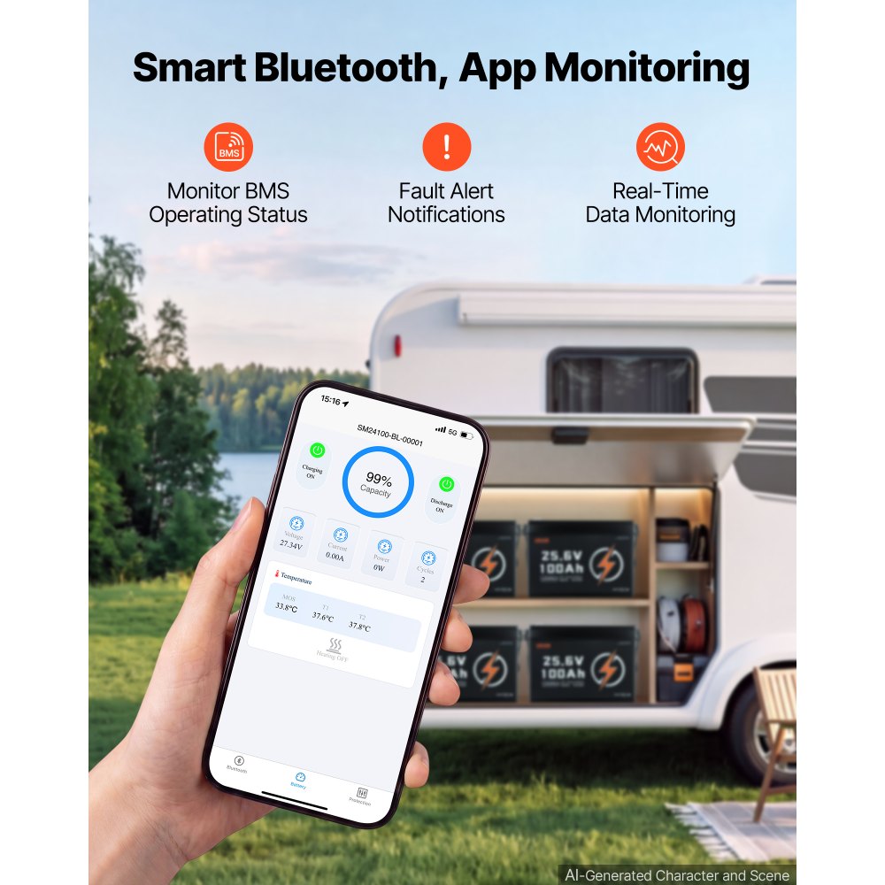 VEVOR Batería de Litio LiFePO4 24V 100Ah Más de 4000 Ciclos con Bluetooth, Protección Contra Bajas Temperaturas, Corriente de Carga Máx. 100A, Compatible con Conexión 8P2S, para Vehículos Recreativos