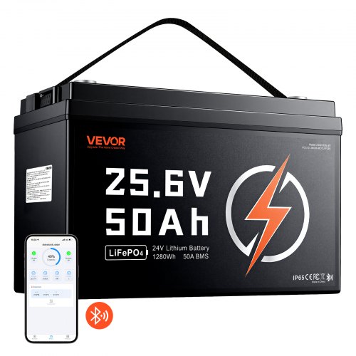 VEVOR Batería de Litio LiFePO4 24V 50Ah Más de 4000 Ciclos con Bluetooth, Protección Contra Bajas Temperaturas, Corriente de Carga Máxima 50A, Compatible con Conexión 8P2S, para Vehículos Recreativos